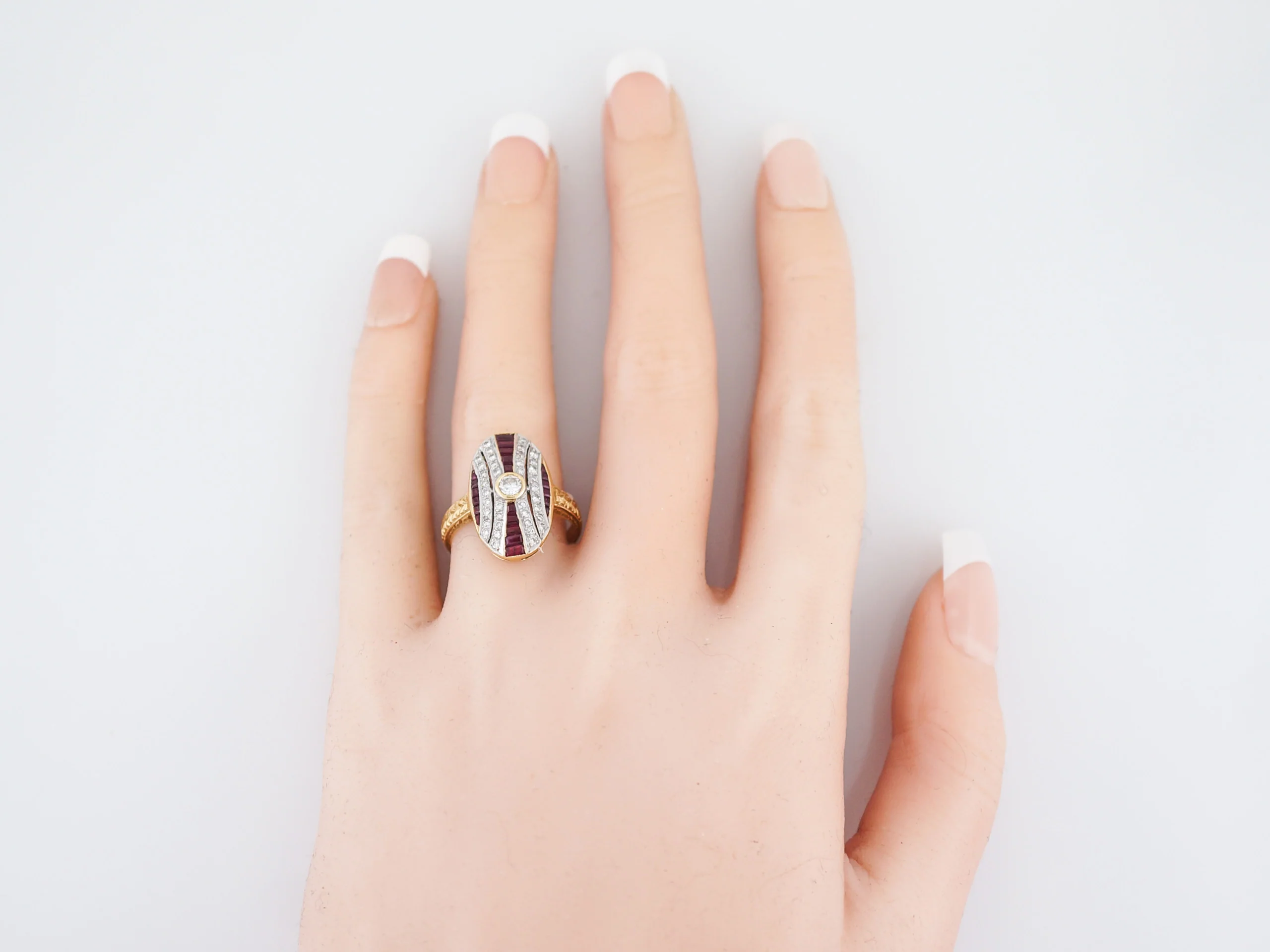 Victorian Inspired Retro Cocktail Ring .14 Round Brilliant Cut Diamond & Ruby in 18k Yellow & White Gold - Image 6