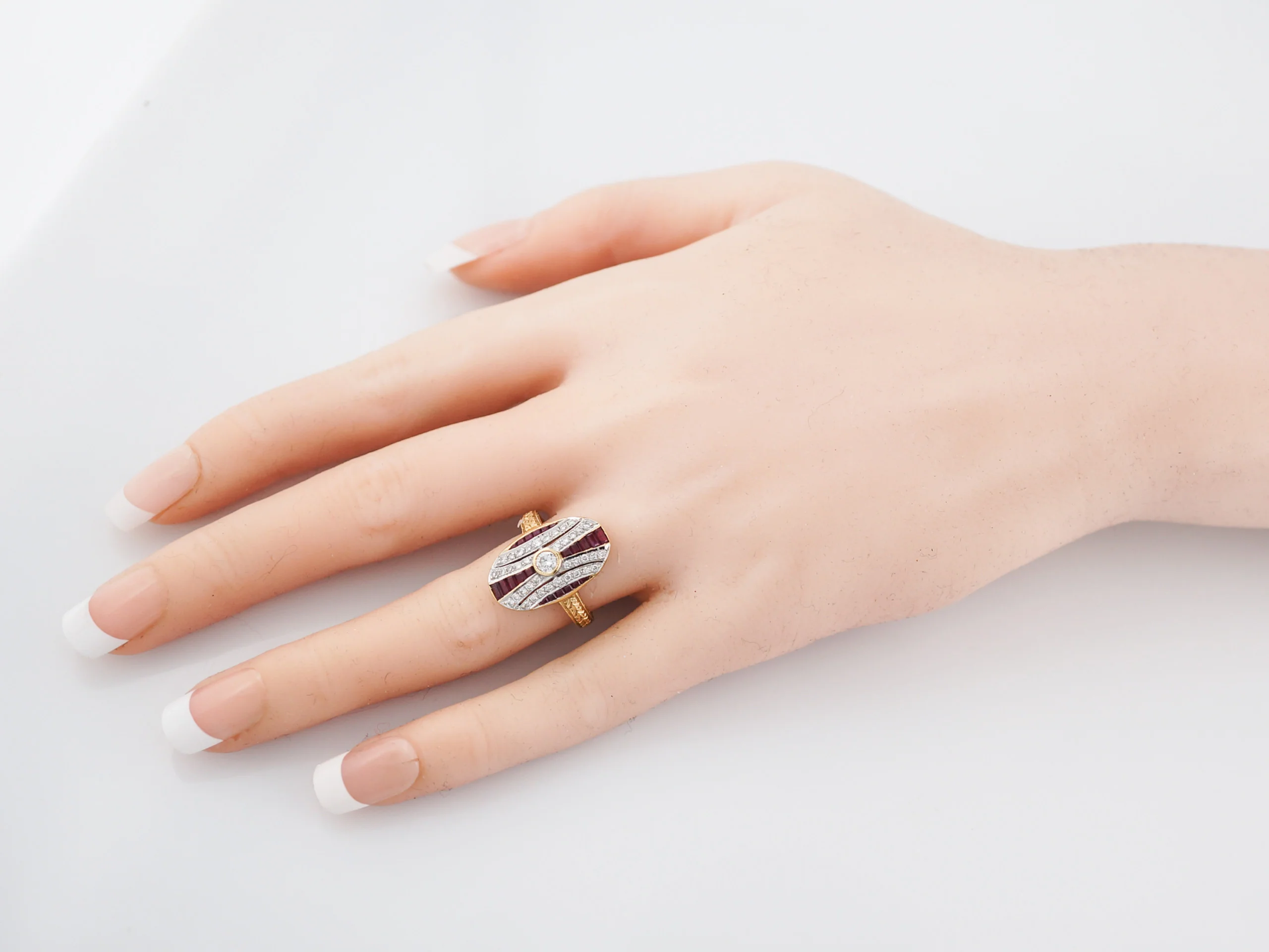 Victorian Inspired Retro Cocktail Ring .14 Round Brilliant Cut Diamond & Ruby in 18k Yellow & White Gold - Image 7