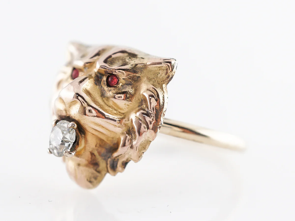 Victorian Lion Cocktail Ring W/ Old Mine Cut Diamond & Rubies 14k - Image 2