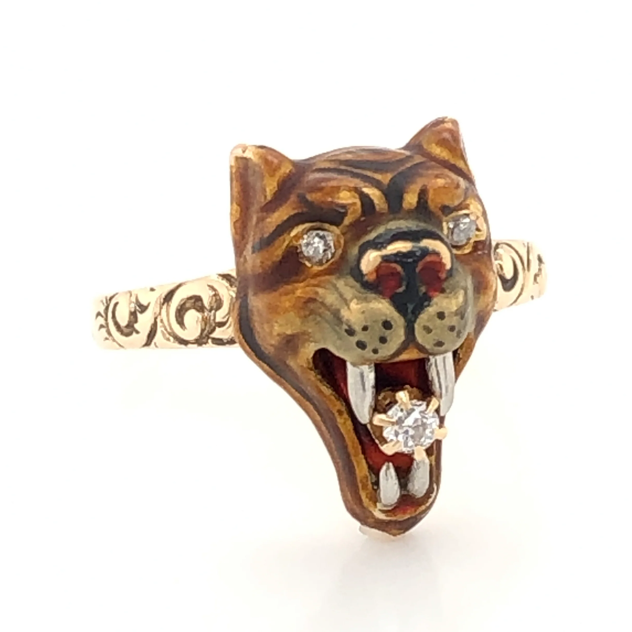 Victorian Lion Ring w/ Diamonds in 10k Yellow Gold - Image 2