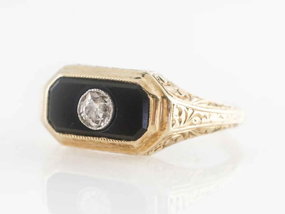 Victorian Onyx & Diamond Cocktail Ring 14k Yellow Gold - Image 2