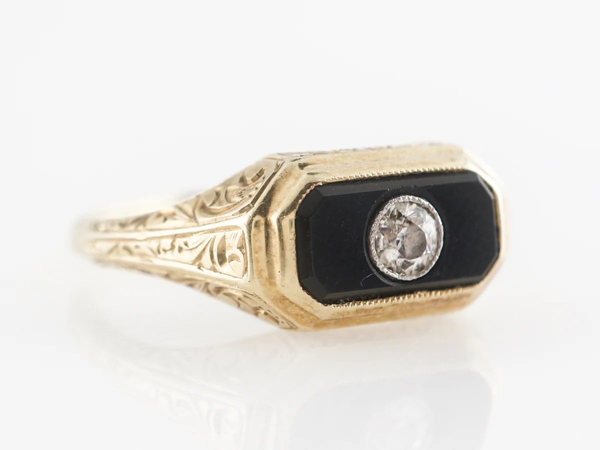Victorian Onyx & Diamond Cocktail Ring 14k Yellow Gold - Image 3