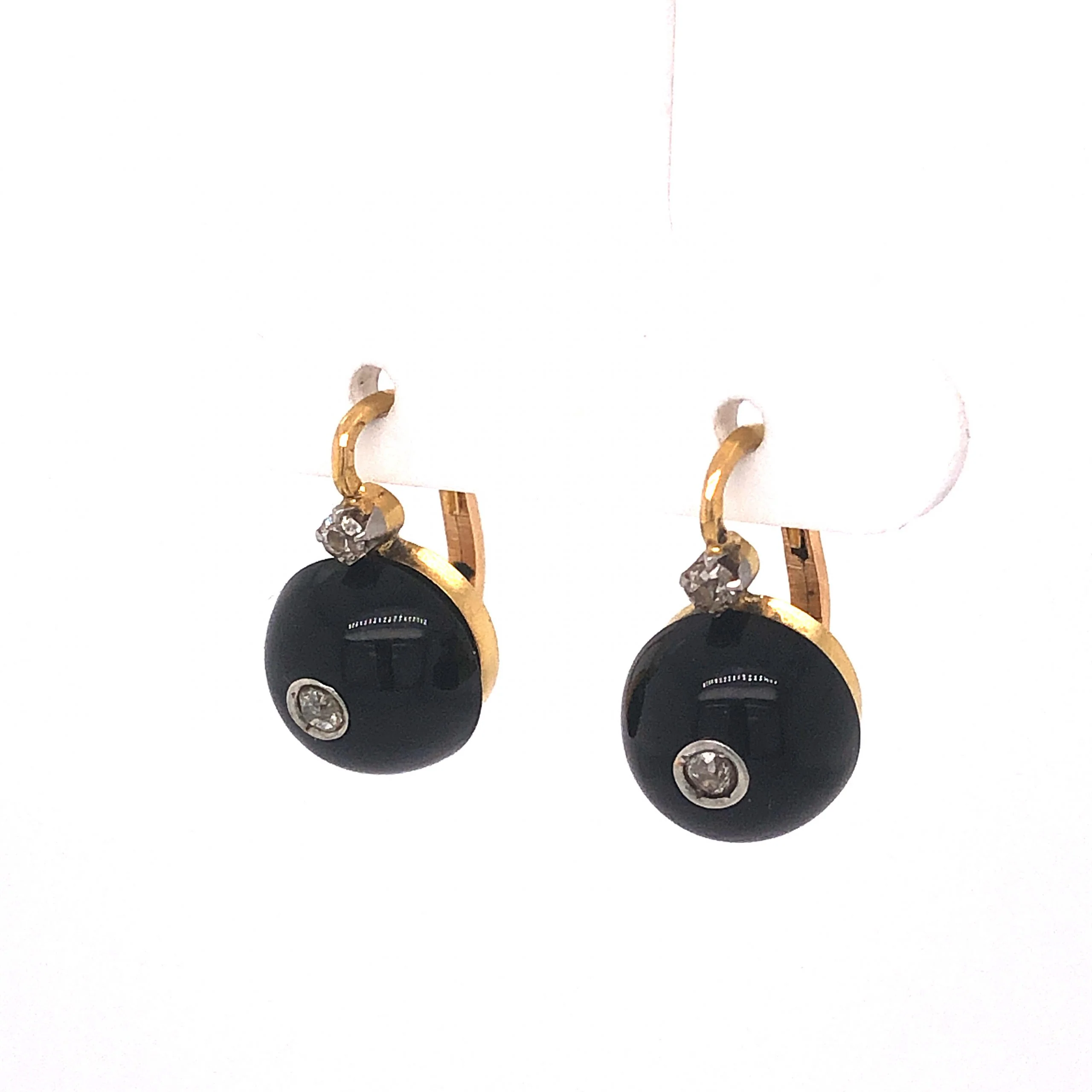 Victorian Onyx & Diamond Drop Earrings in 14k Yellow Gold - Image 2