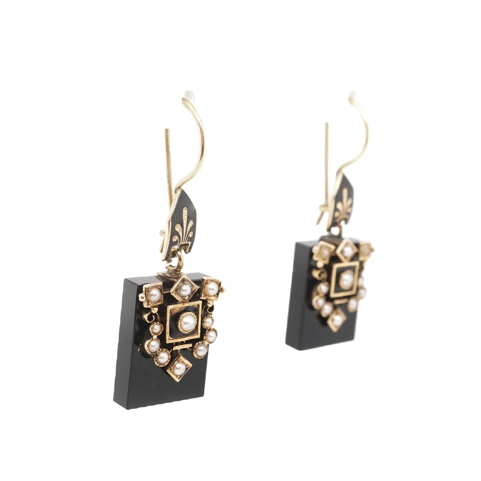 Victorian Onyx & Pearl Earrings in 14k Yellow Gold - Image 3