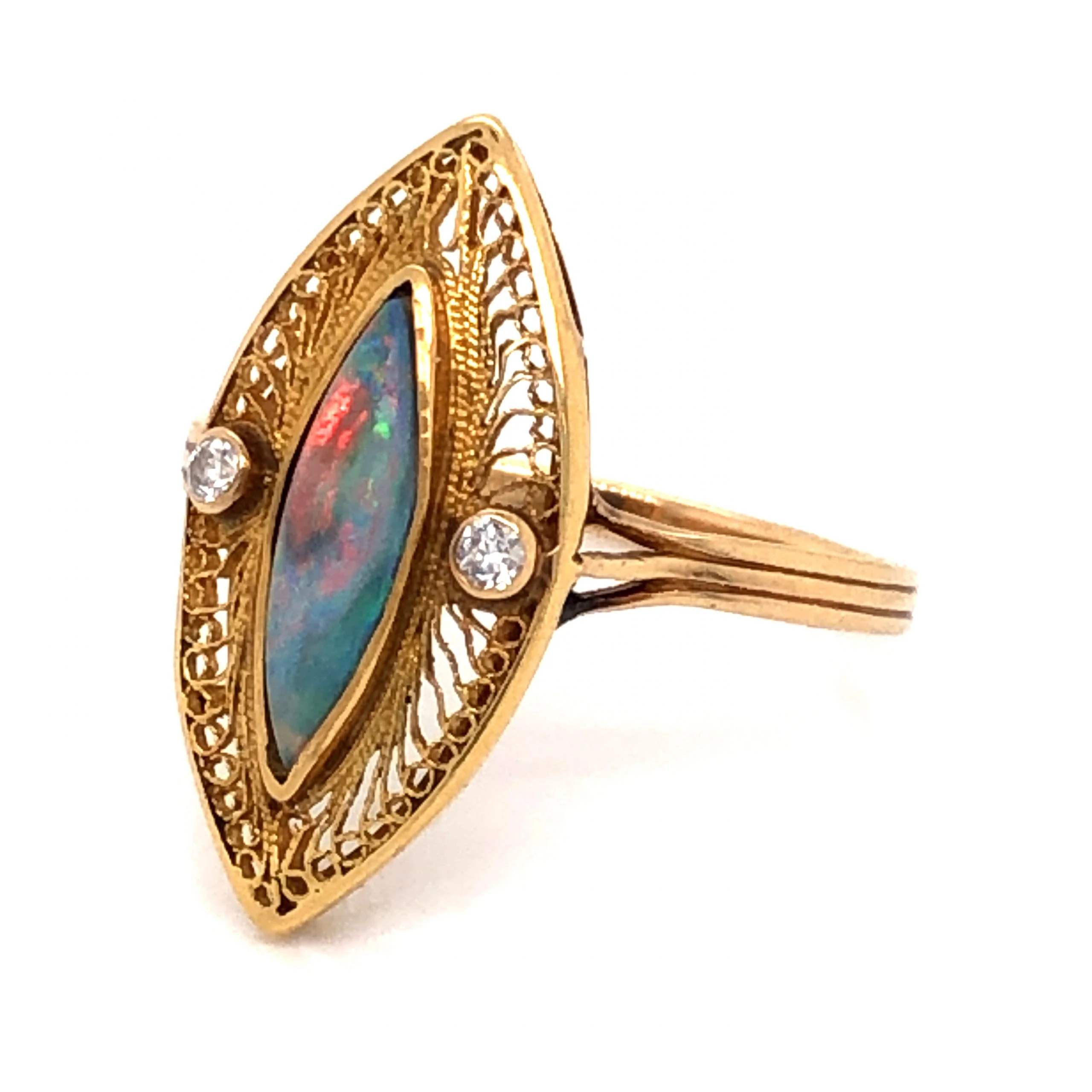 Victorian Opal & Diamond Navette Cocktail Ring 14k Yellow Gold - Image 2