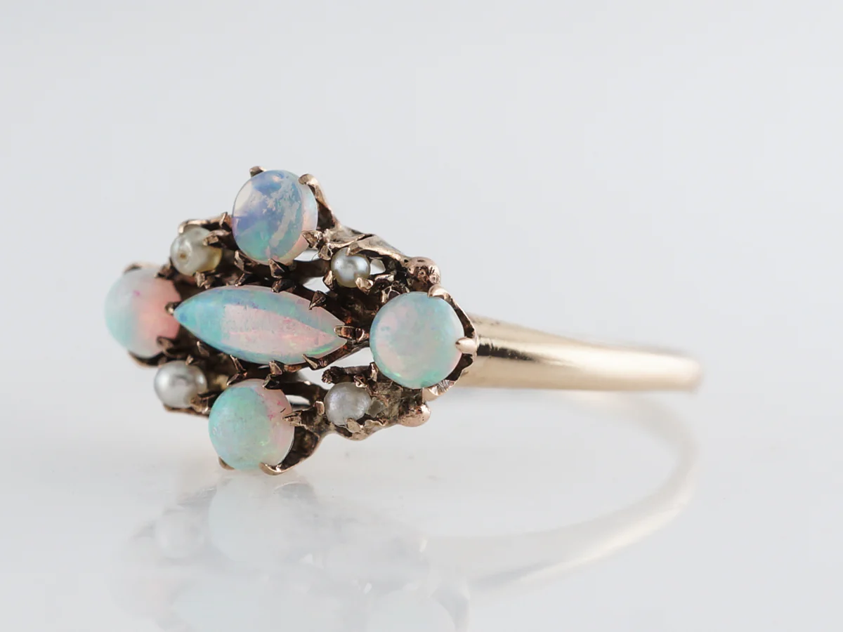 Victorian Opal & Pearl Cocktail Ring in 10k Yellow Gold - Image 2