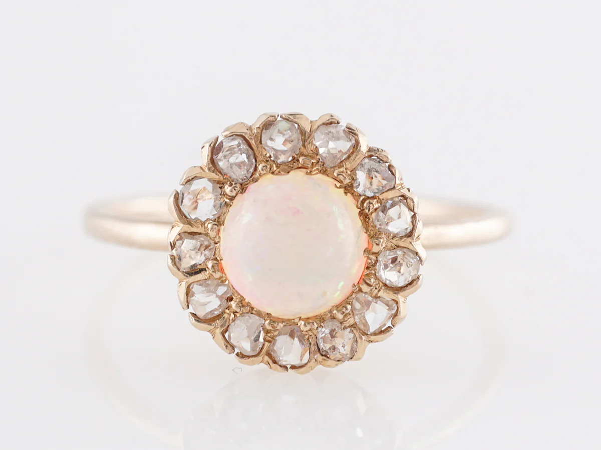 Victorian Opal Ring with Diamond Halo in 14K Yellow Gold