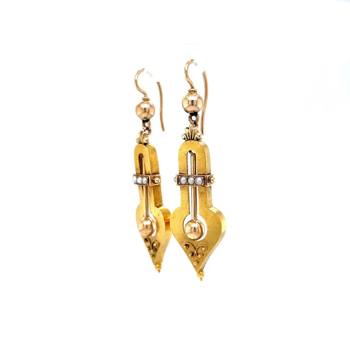 Victorian Ornate Pearl Drop Earrings in 14k Yellow Gold - Image 2