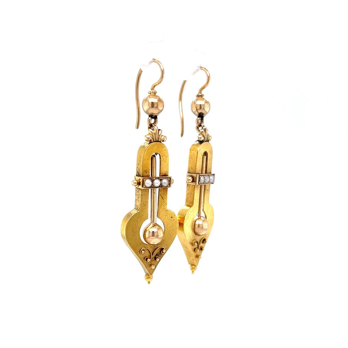 Victorian Ornate Pearl Drop Earrings in 14k Yellow Gold - Image 3