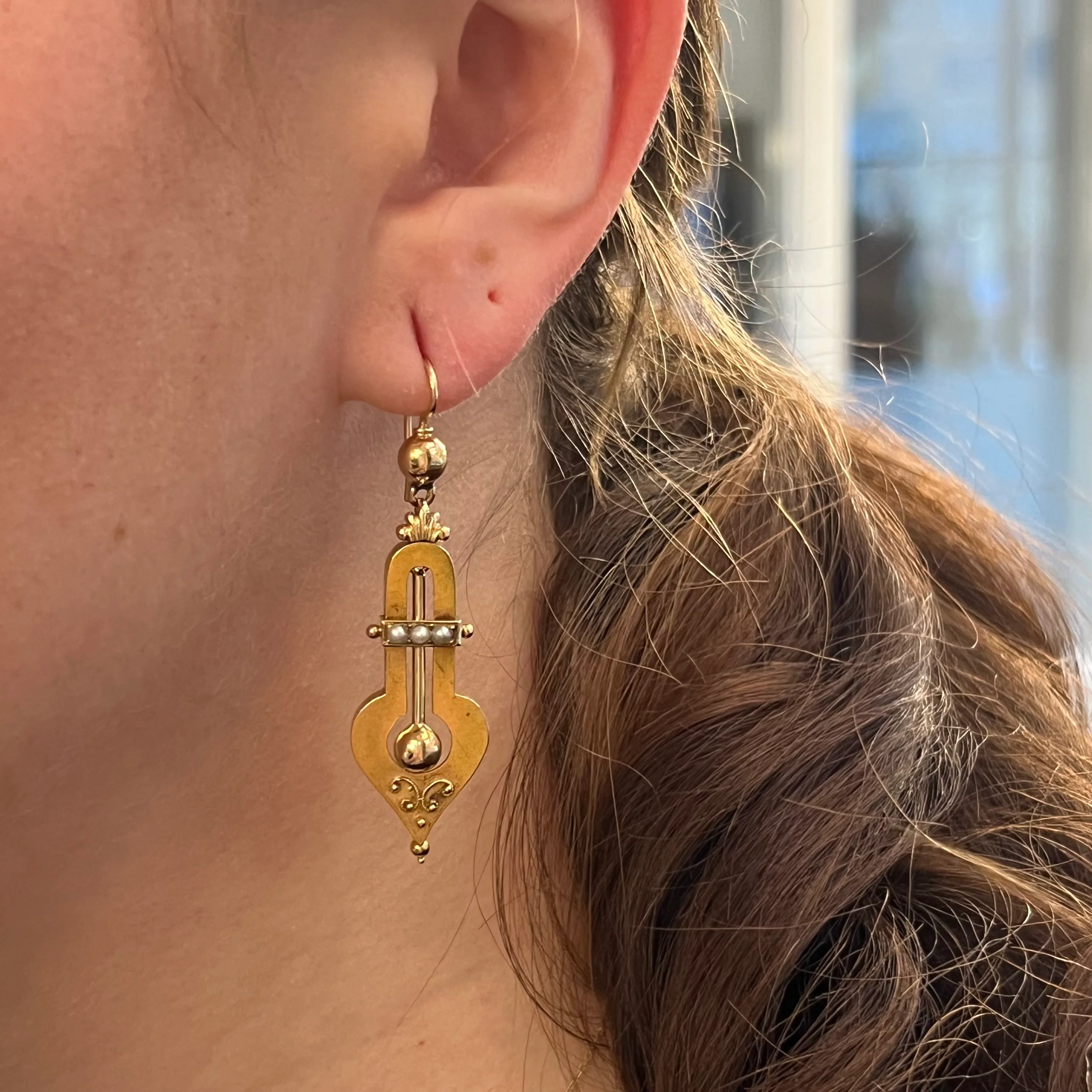 Victorian Ornate Pearl Drop Earrings in 14k Yellow Gold - Image 4