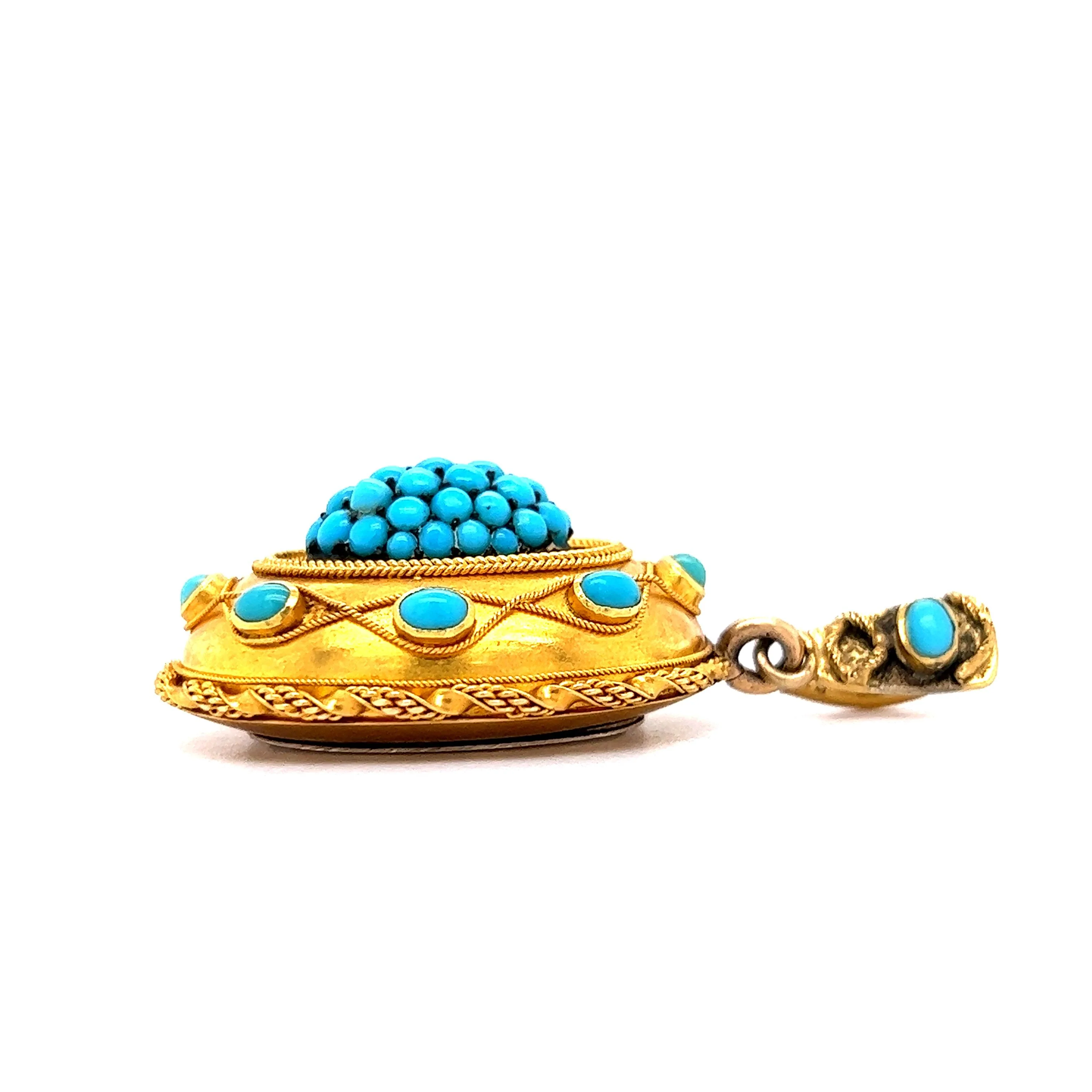 Victorian Ornate Turquoise Cluster Pendant in 18k Yellow Gold - Image 3
