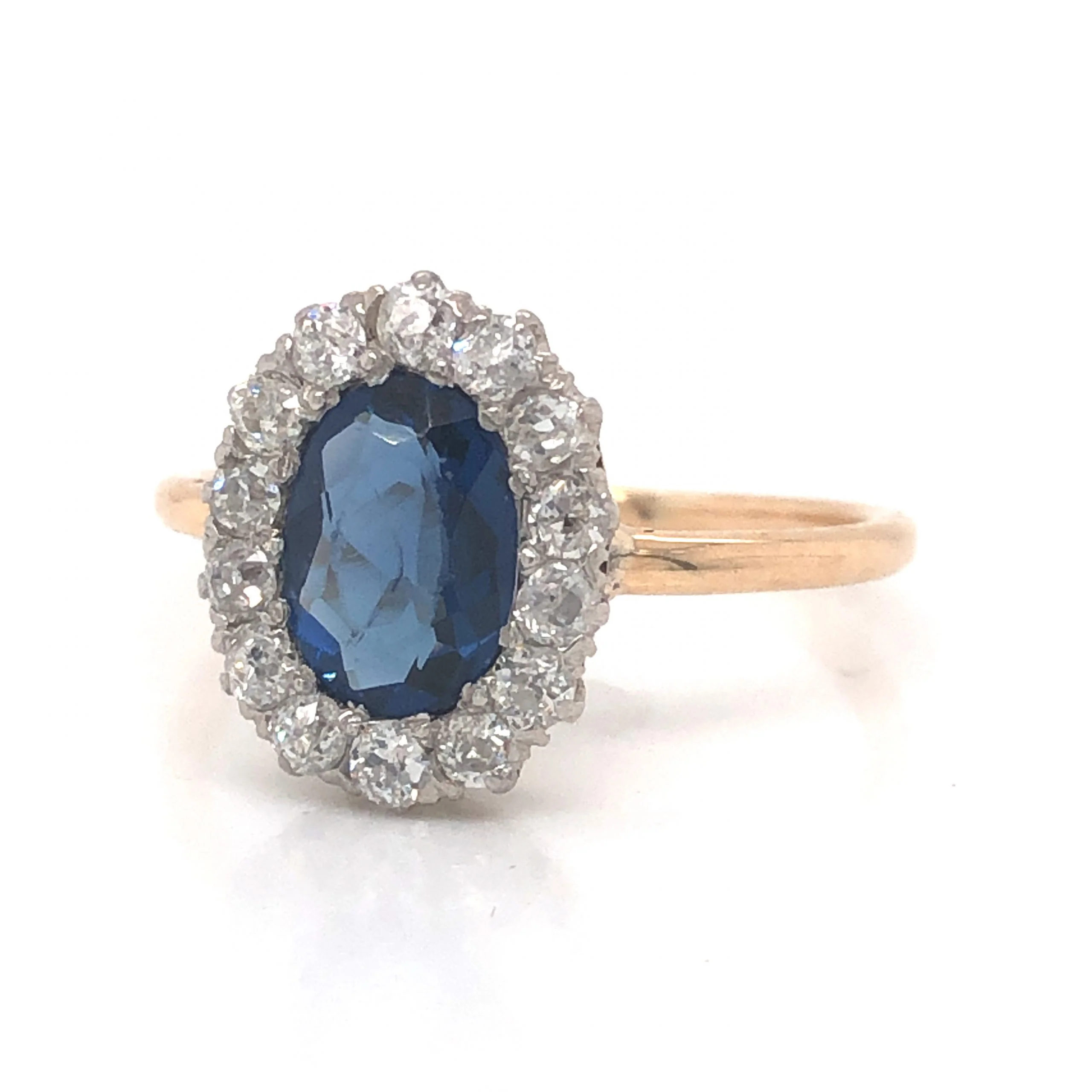 Victorian Oval Cut Sapphire & Diamond Ring in 14k Gold & Platinum - Image 2