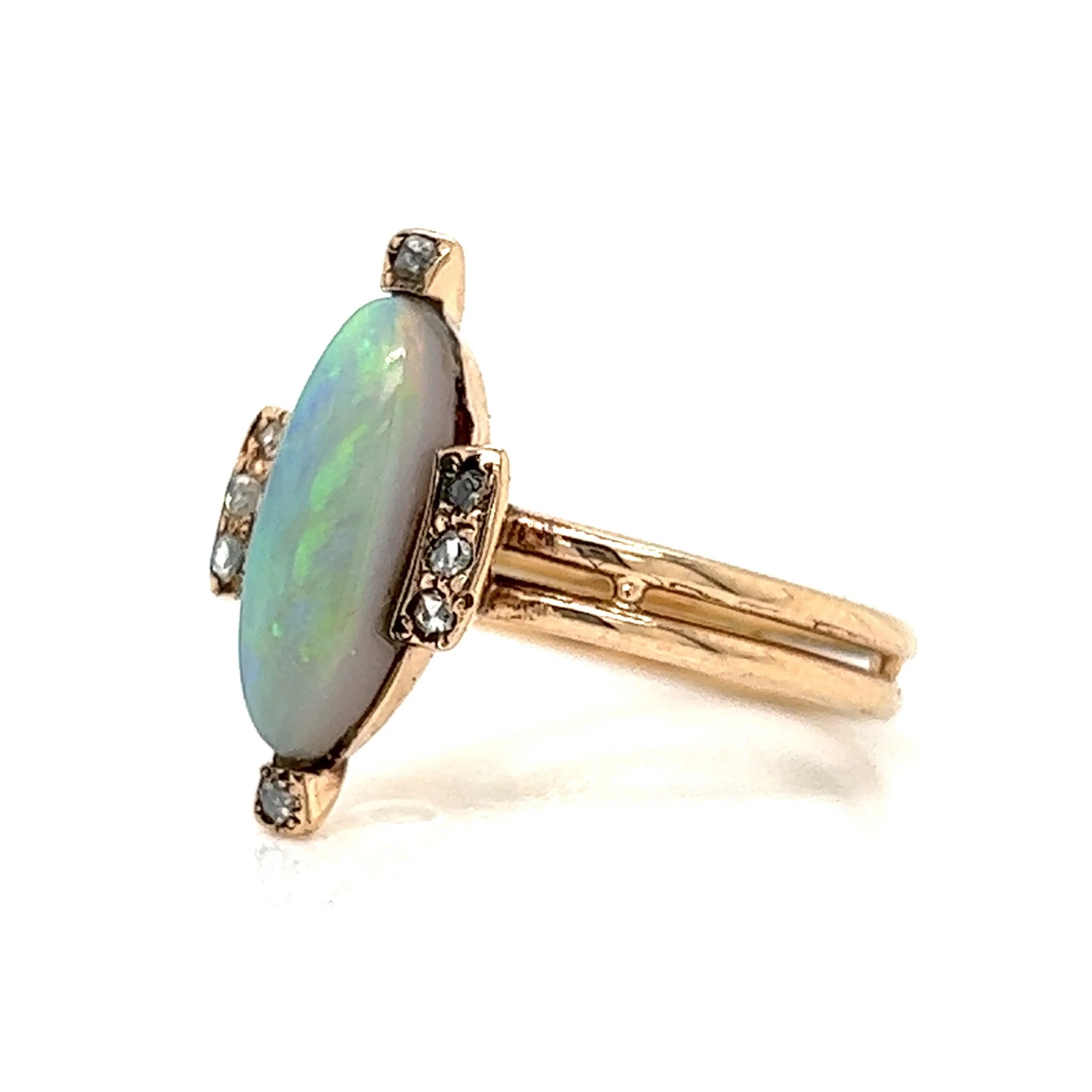 Victorian Oval Opal & Diamond Ring in 14k Yellow Gold - Image 2