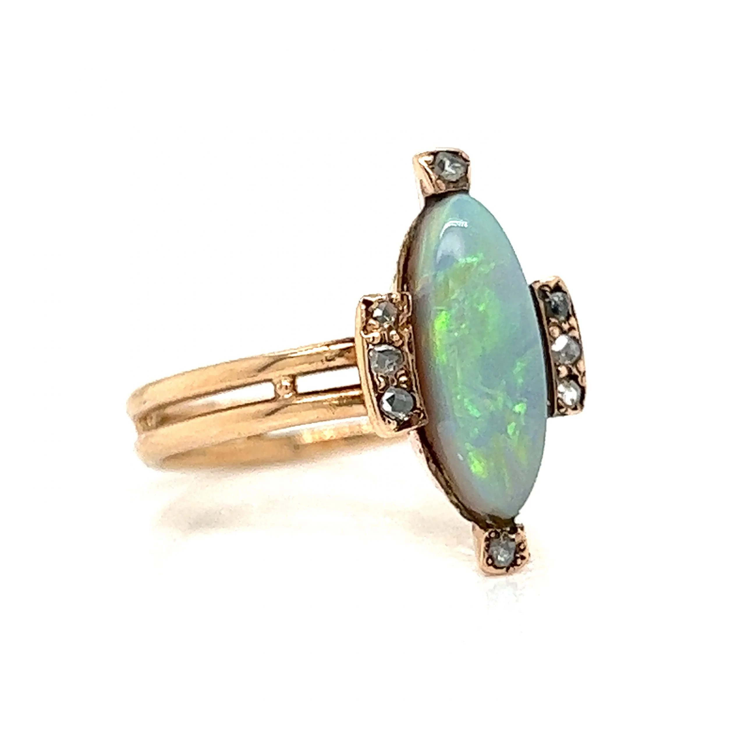 Victorian Oval Opal & Diamond Ring in 14k Yellow Gold - Image 3