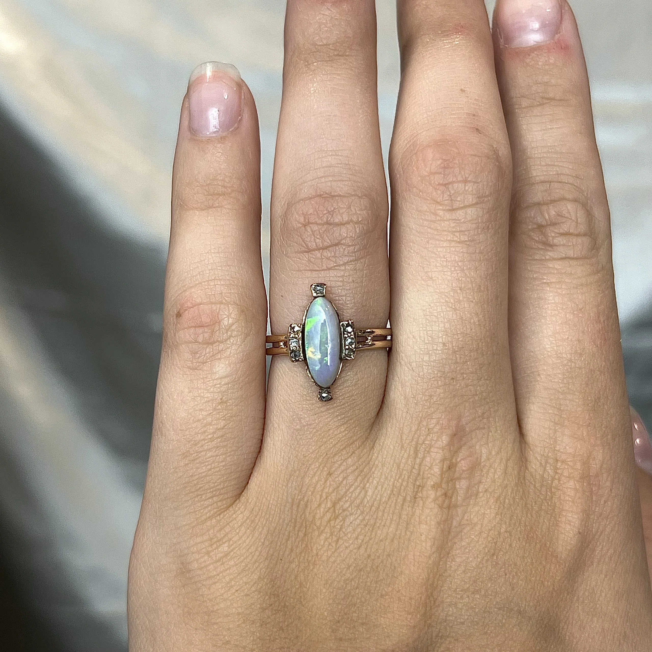 Victorian Oval Opal & Diamond Ring in 14k Yellow Gold - Image 6