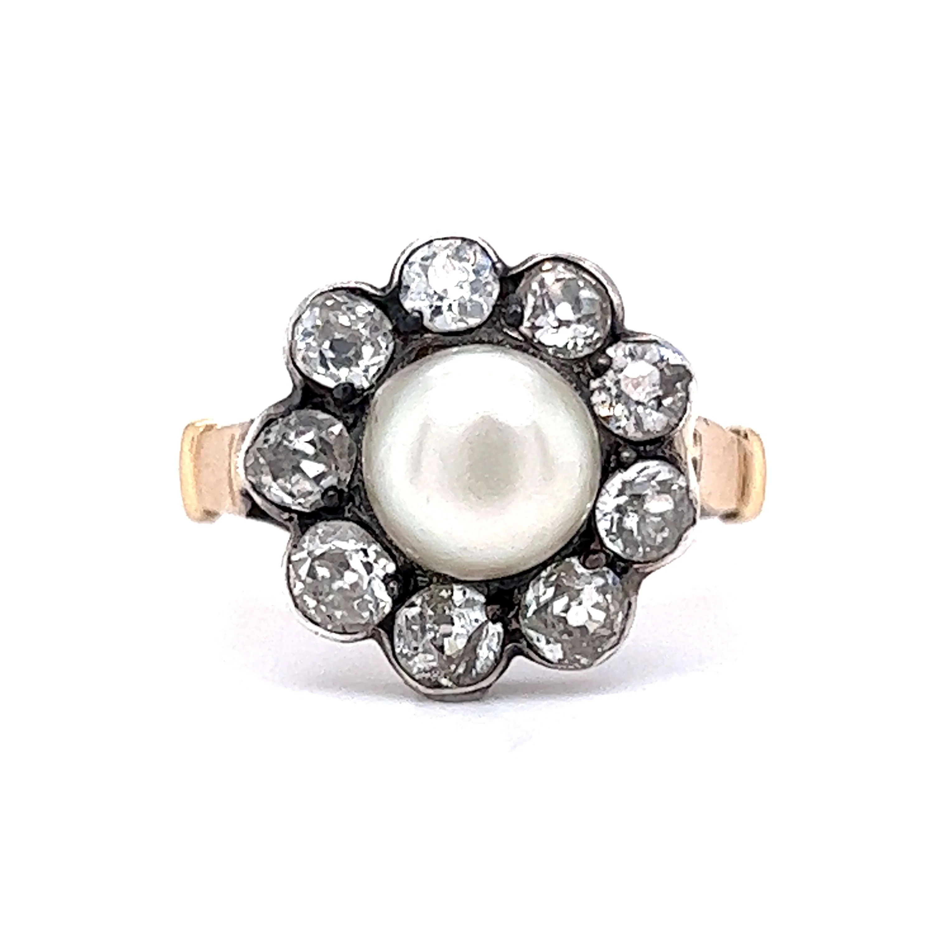 Victorian Pearl & Diamond Ring in Yellow Gold & Sterling Silver