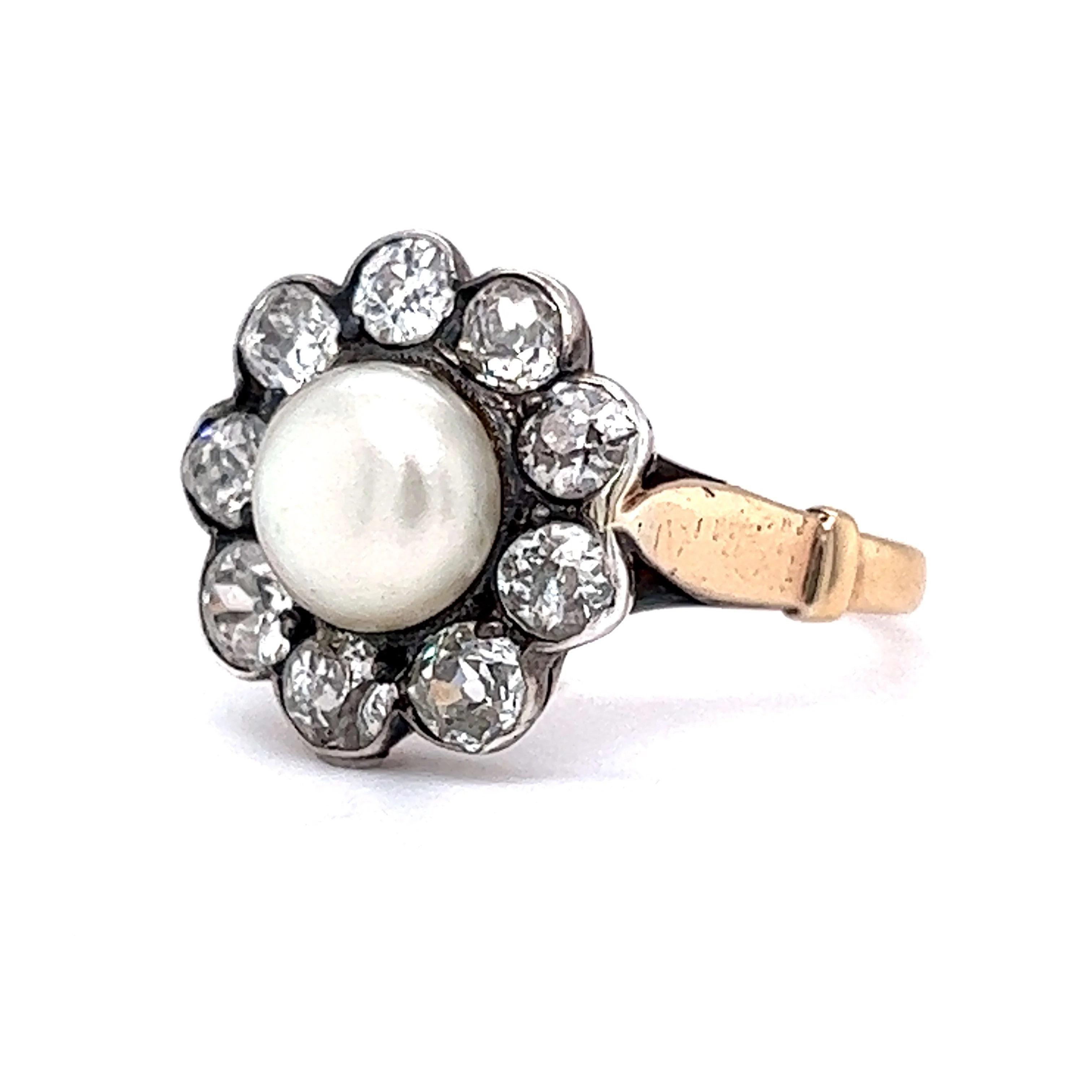 Victorian Pearl & Diamond Ring in Yellow Gold & Sterling Silver - Image 2