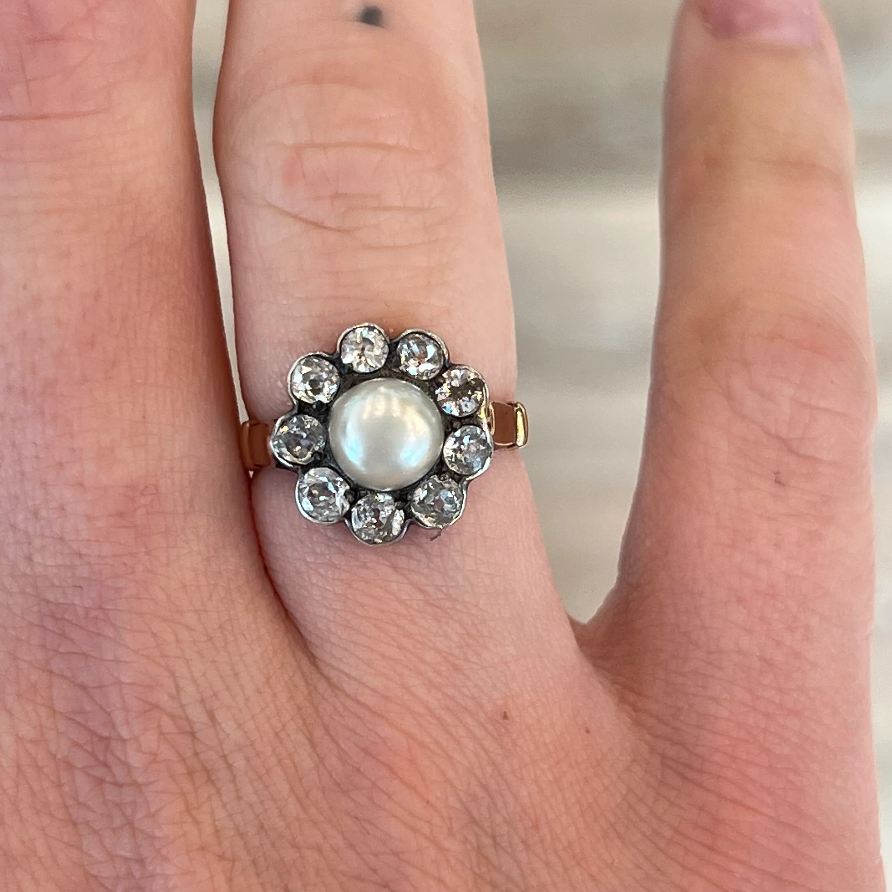 Victorian Pearl & Diamond Ring in Yellow Gold & Sterling Silver - Image 6