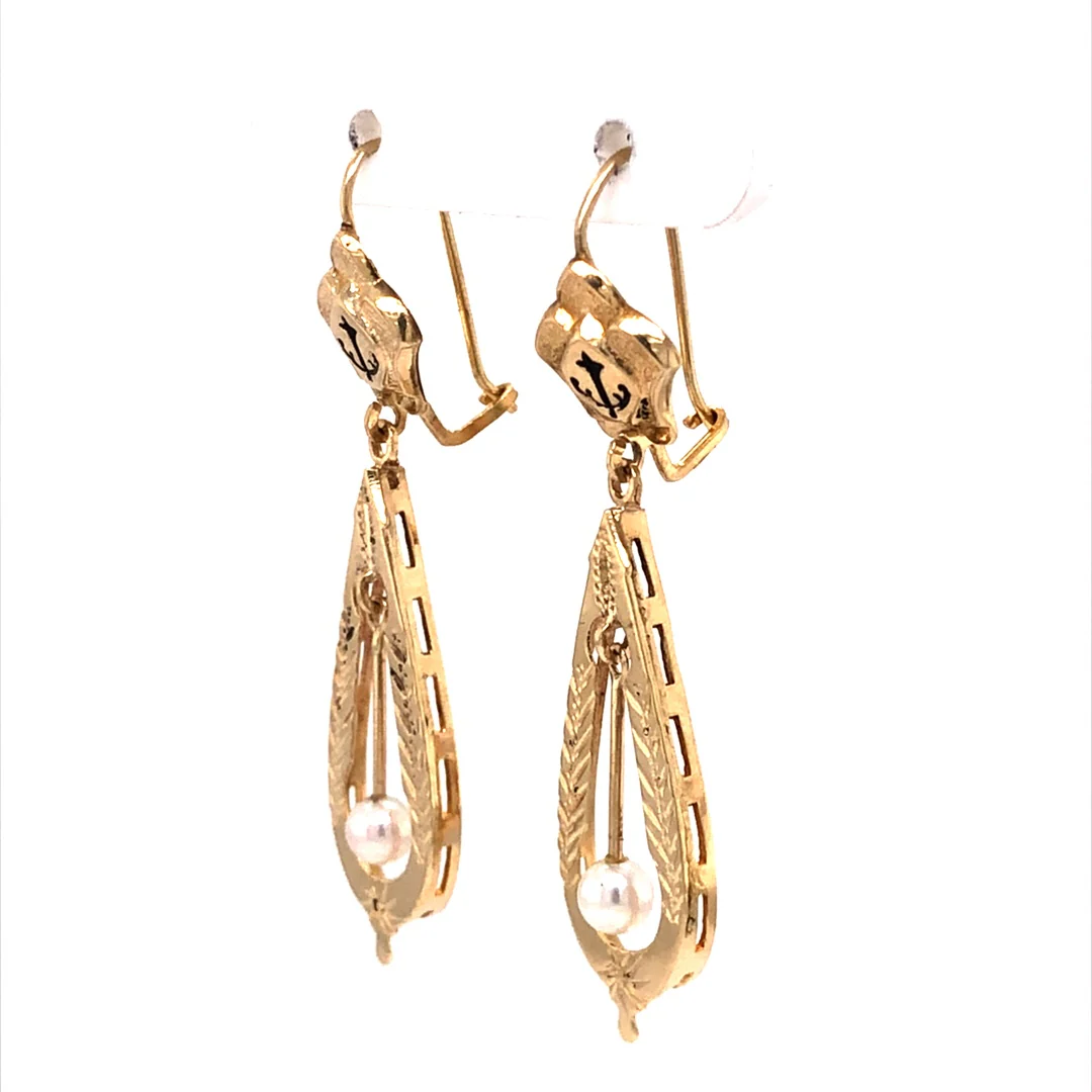 Victorian Pearl Drop Earrings in 14k Yellow Gold - Image 2
