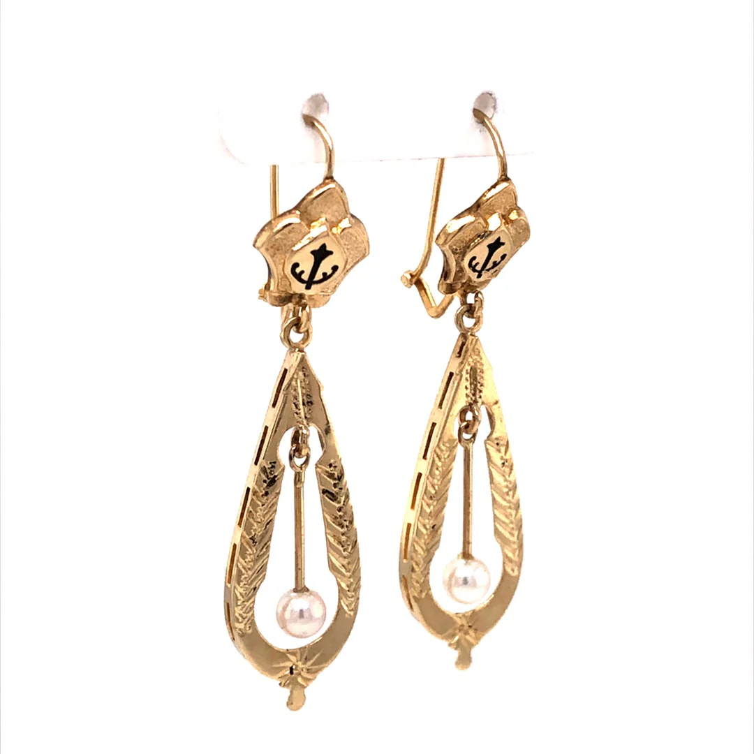 Victorian Pearl Drop Earrings in 14k Yellow Gold - Image 3