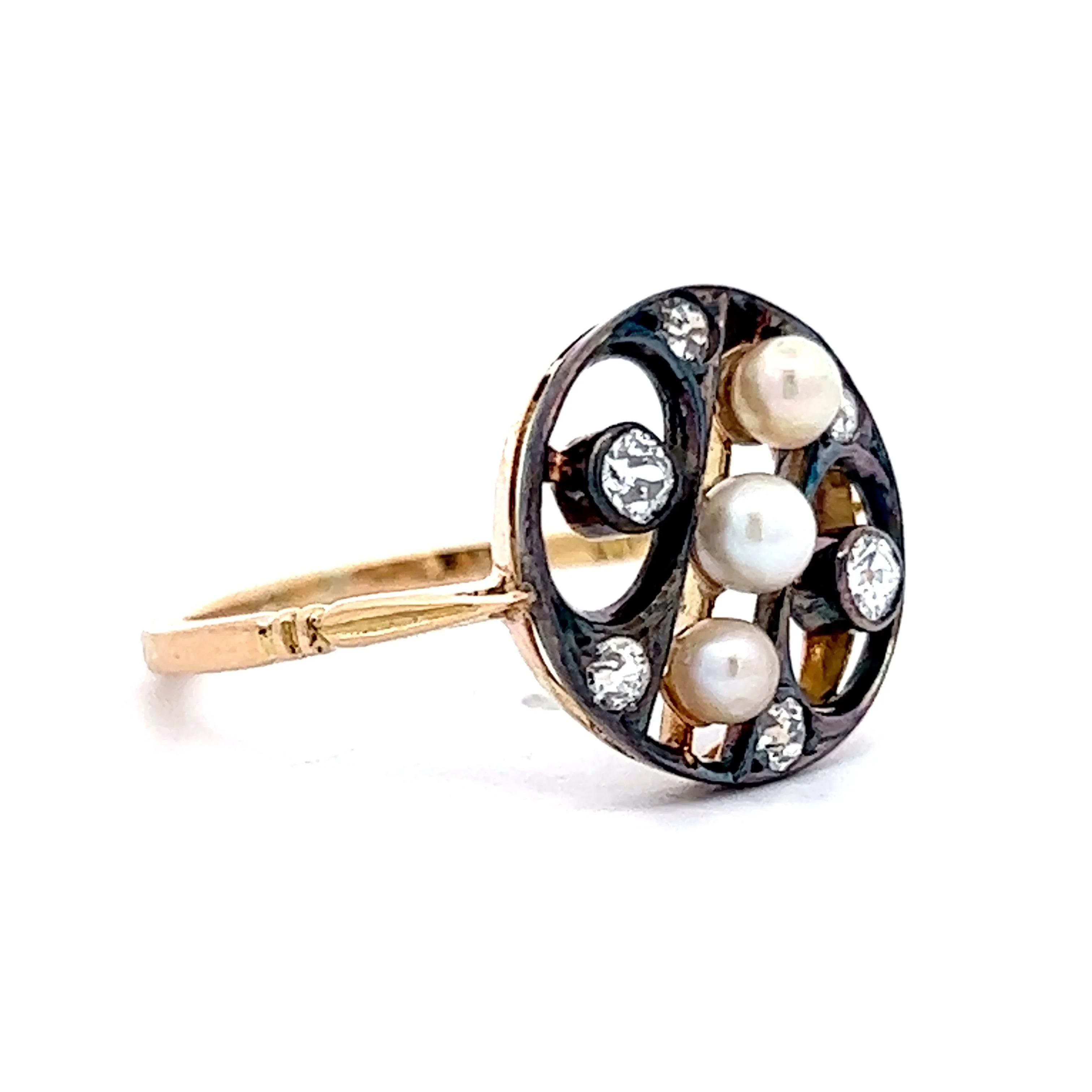 Victorian Pearl & Mine Cut Diamond Ring in Sterling Silver & 18k - Image 3