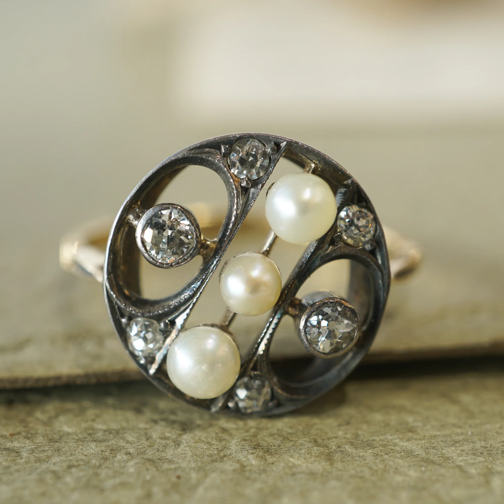 Victorian Pearl & Mine Cut Diamond Ring in Sterling Silver & 18k - Image 6
