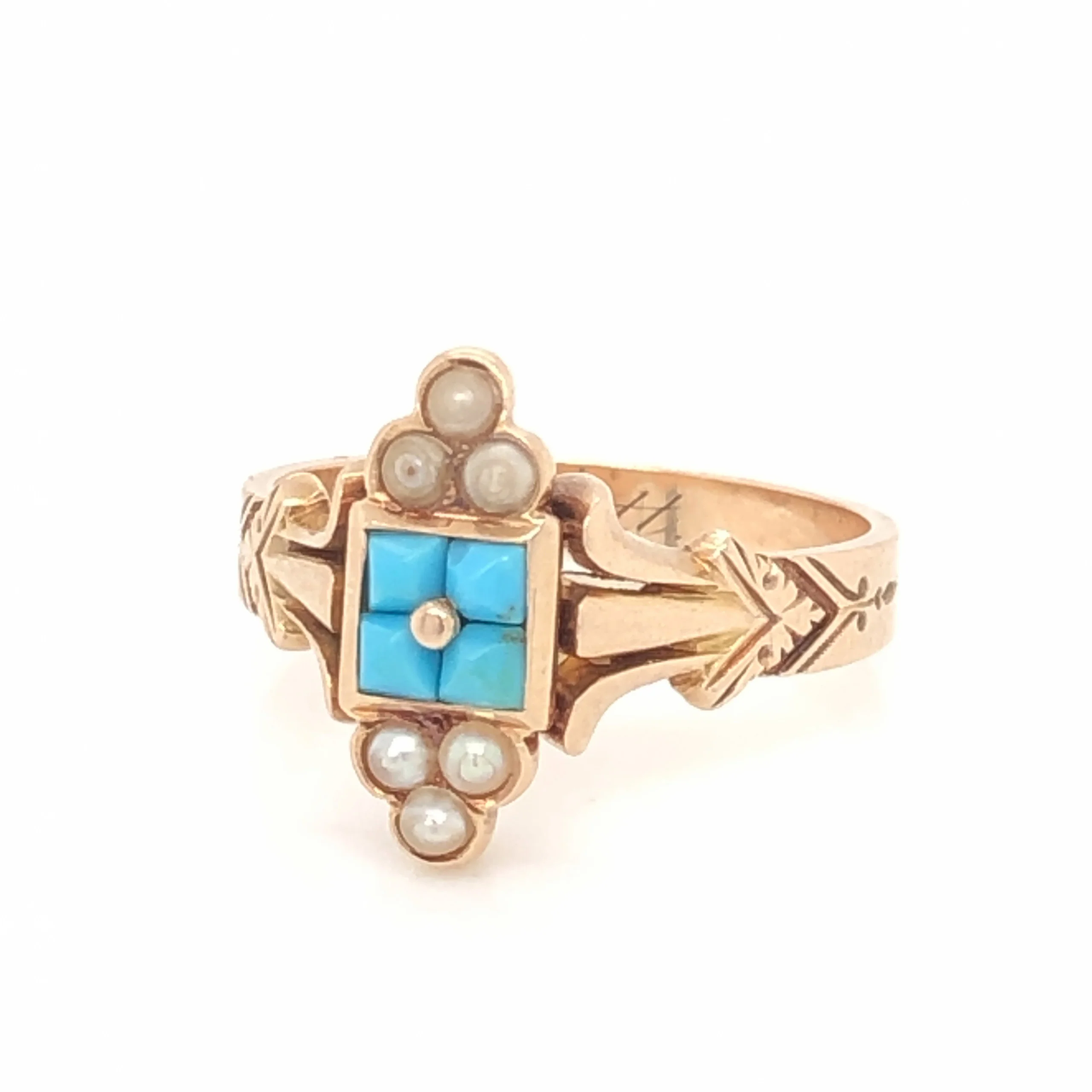Victorian Pearl & Turquoise Ring in 14k Rose Gold - Image 2