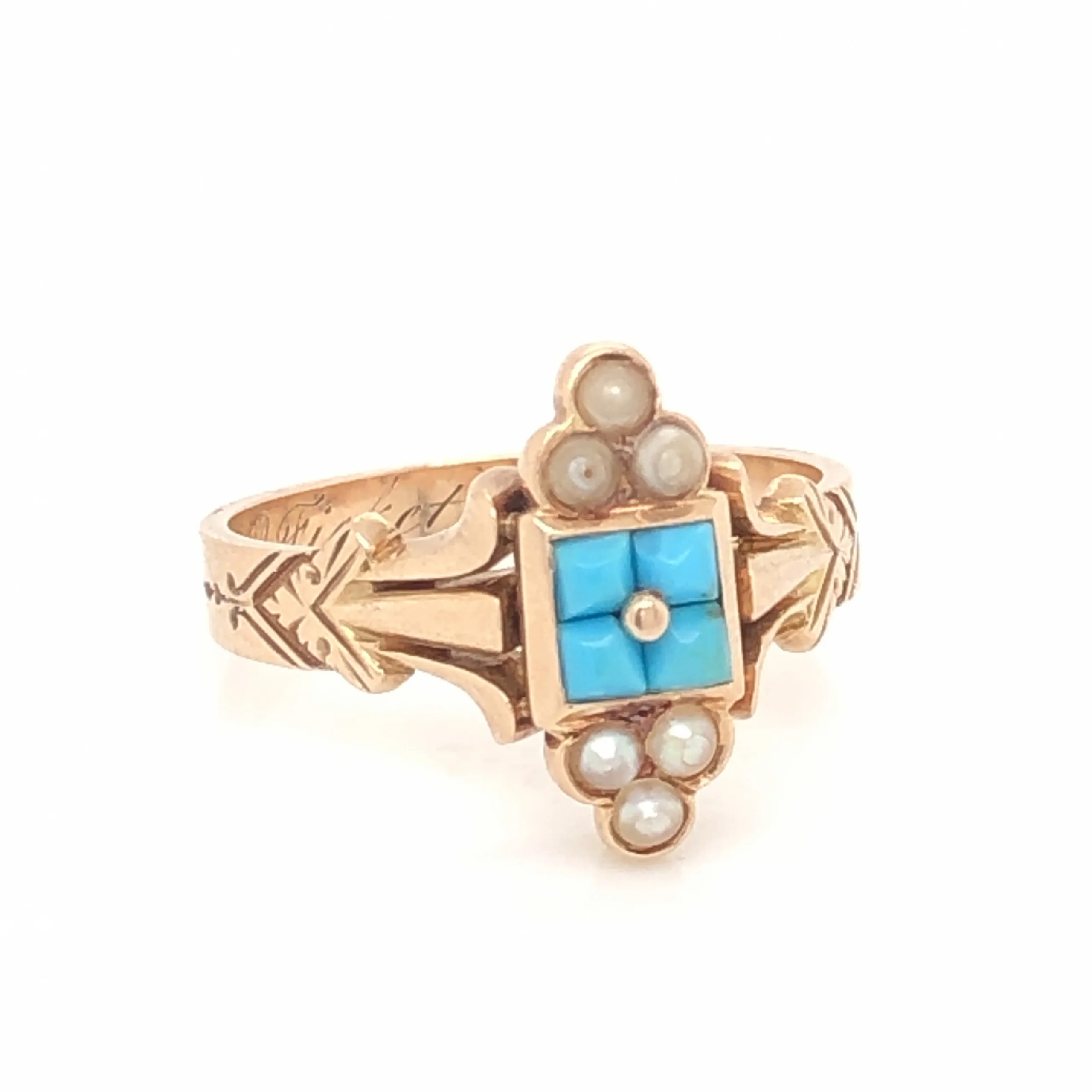 Victorian Pearl & Turquoise Ring in 14k Rose Gold - Image 3