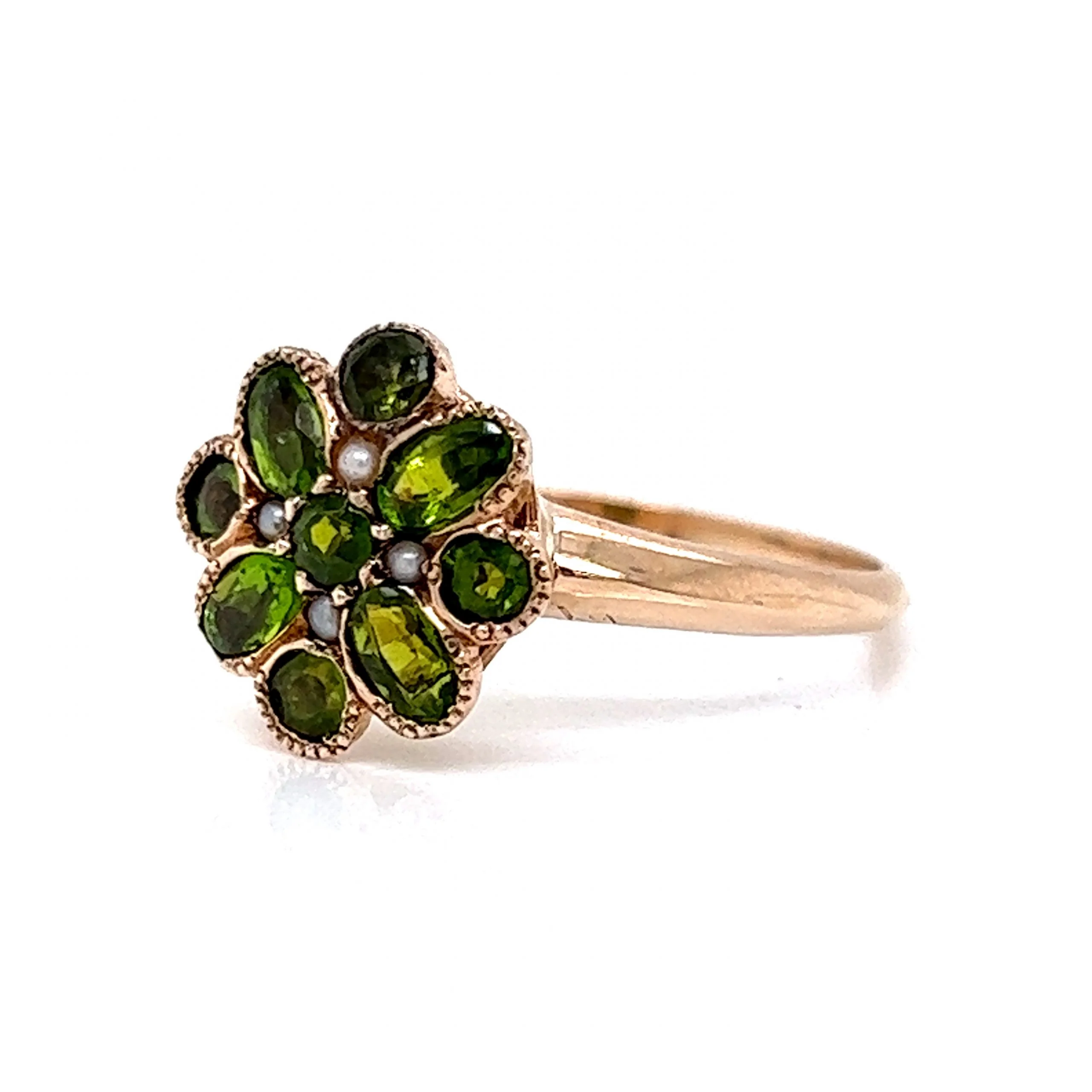 Victorian Peridot & Seed Pearl Flower Ring in 10k Yellow Gold - Image 2