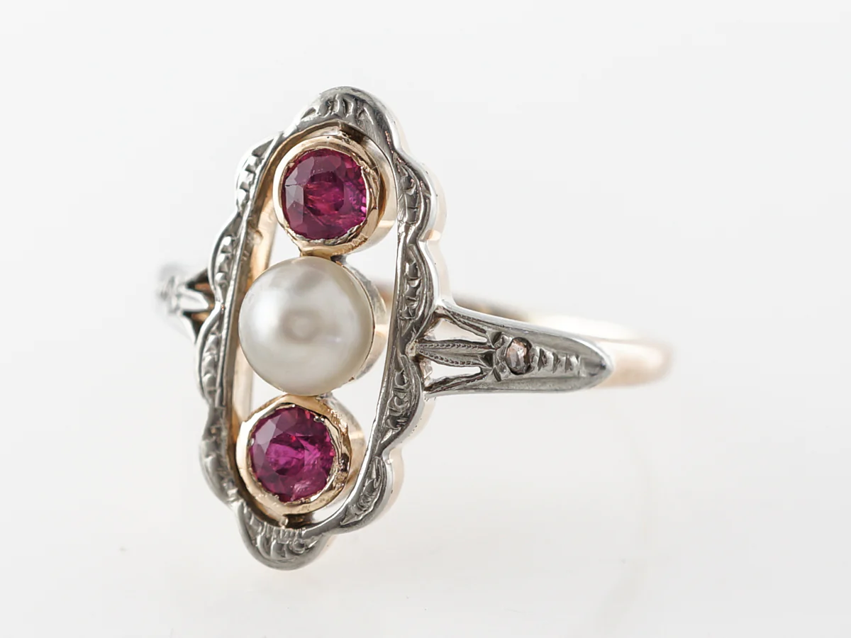Victorian Ruby & Pearl Ring w/ Diamond Accents in Yellow Gold - Image 2