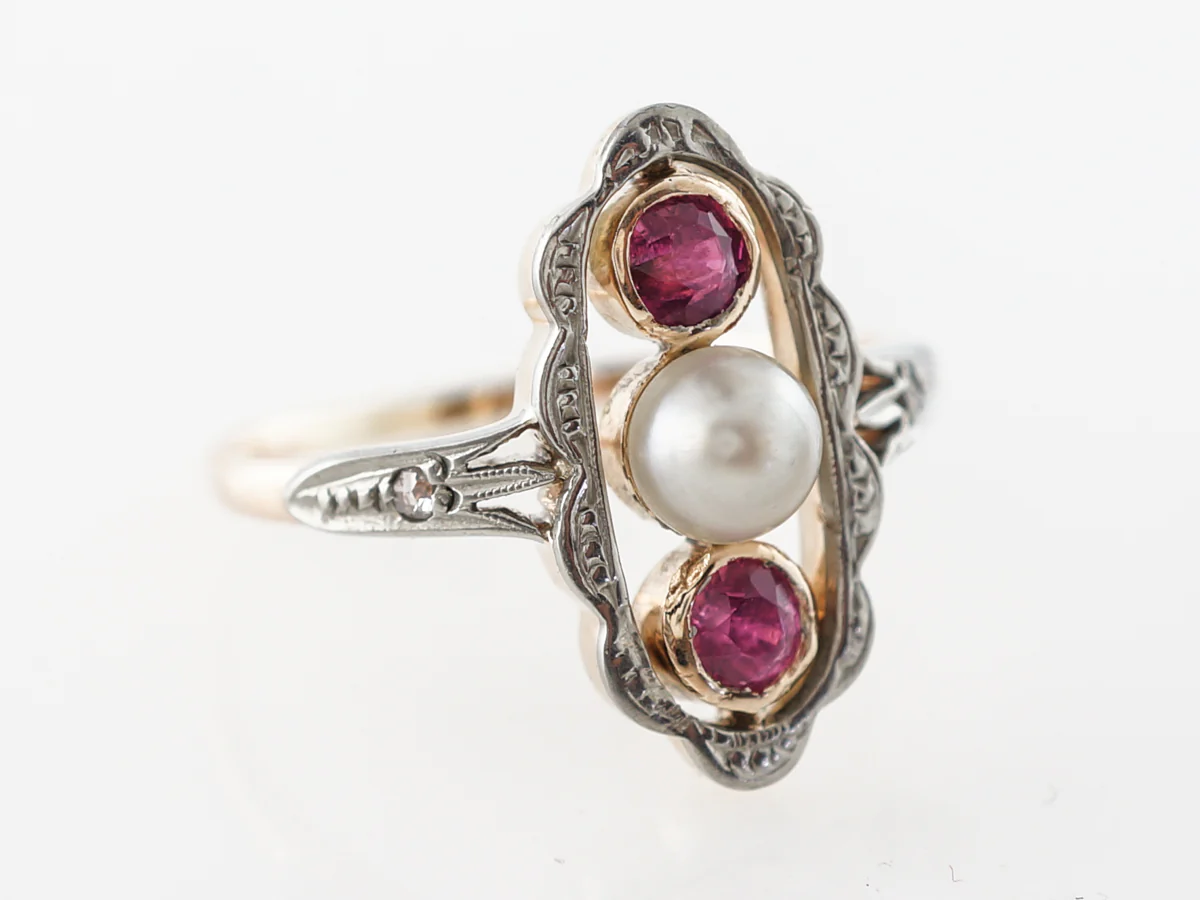 Victorian Ruby & Pearl Ring w/ Diamond Accents in Yellow Gold - Image 3