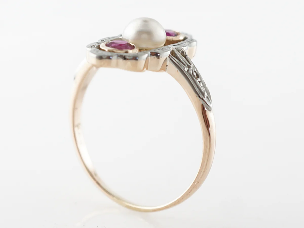 Victorian Ruby & Pearl Ring w/ Diamond Accents in Yellow Gold - Image 4