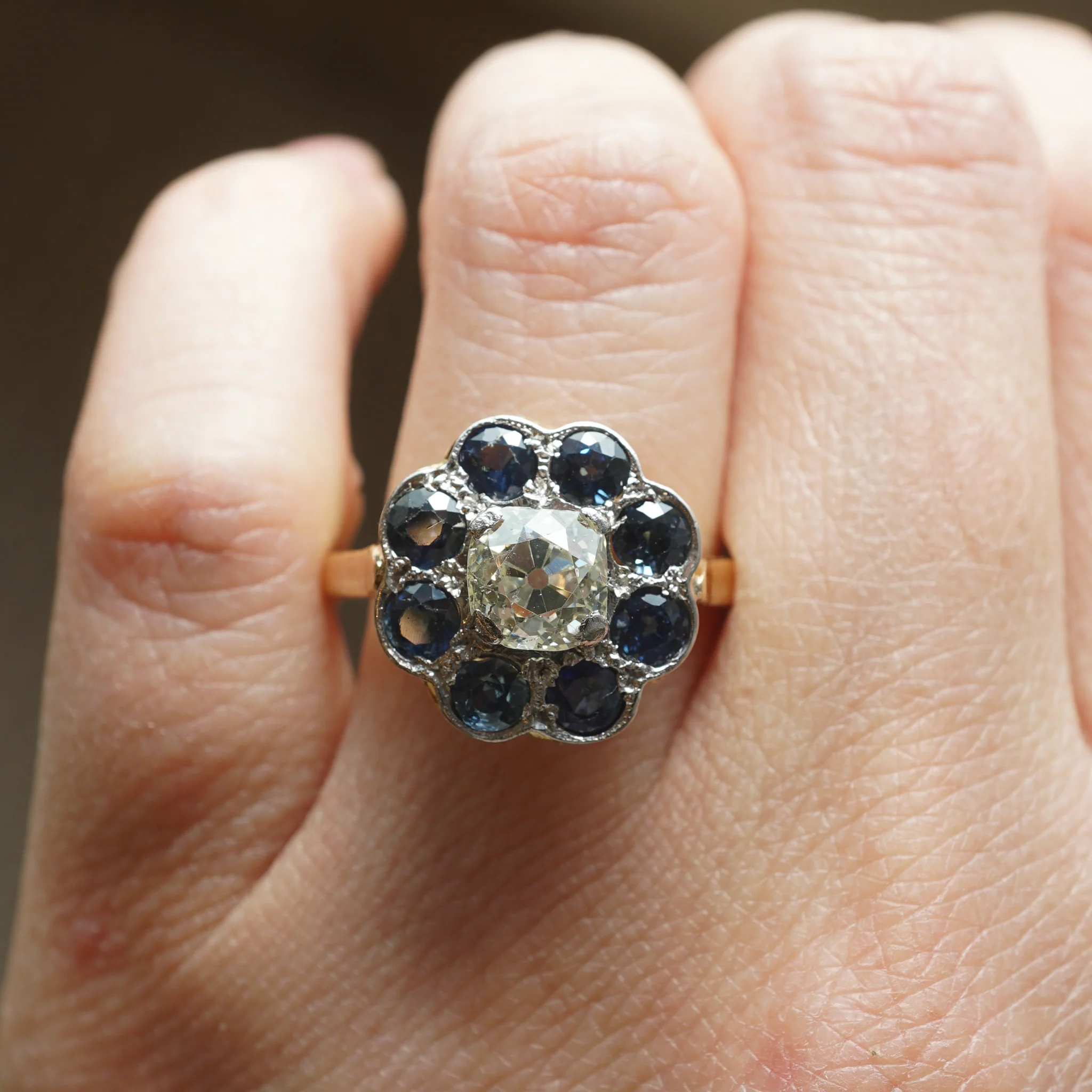 Victorian Sapphire Halo Diamond Engagement Ring in 18k & Platinum - Image 6