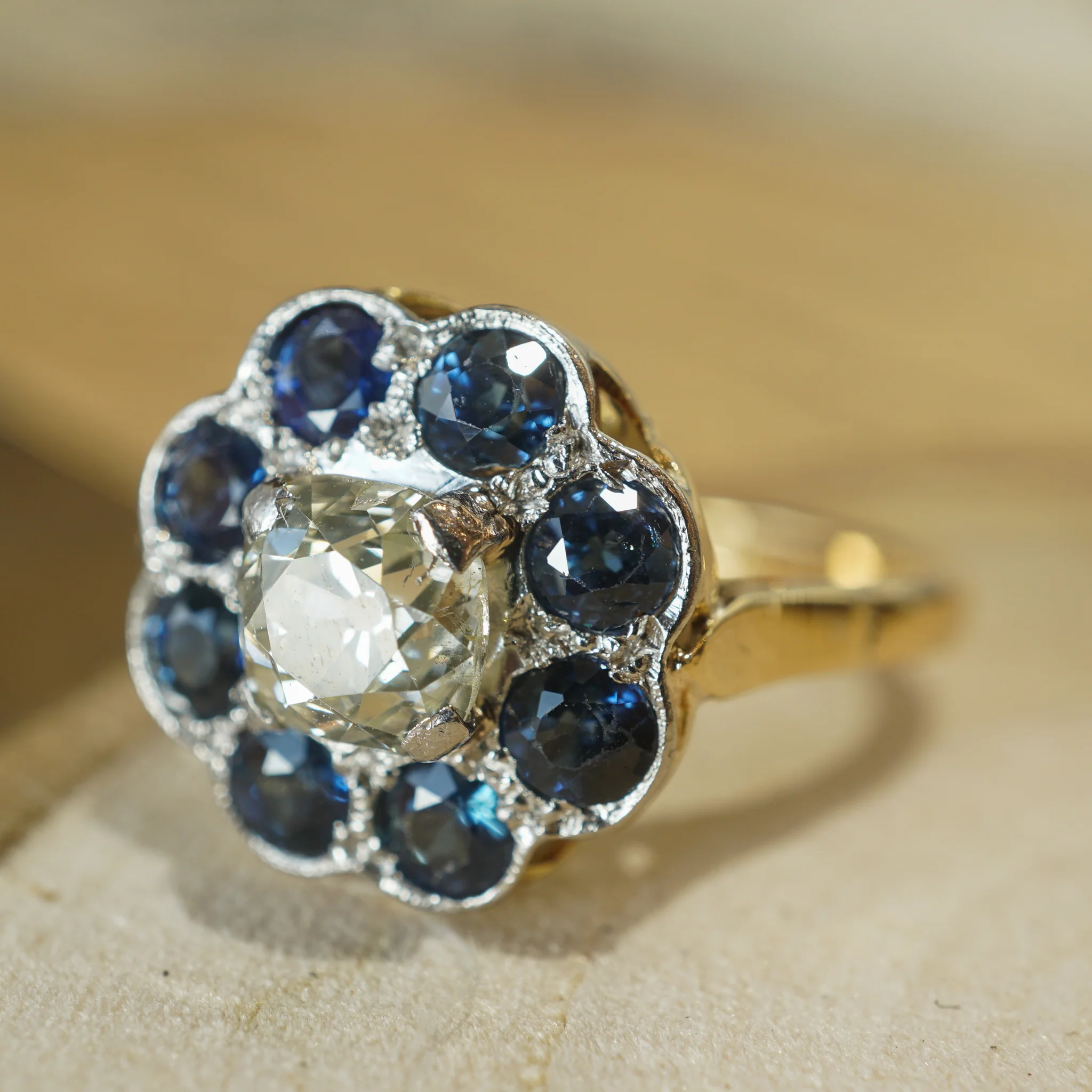 Victorian Sapphire Halo Diamond Engagement Ring in 18k & Platinum - Image 7