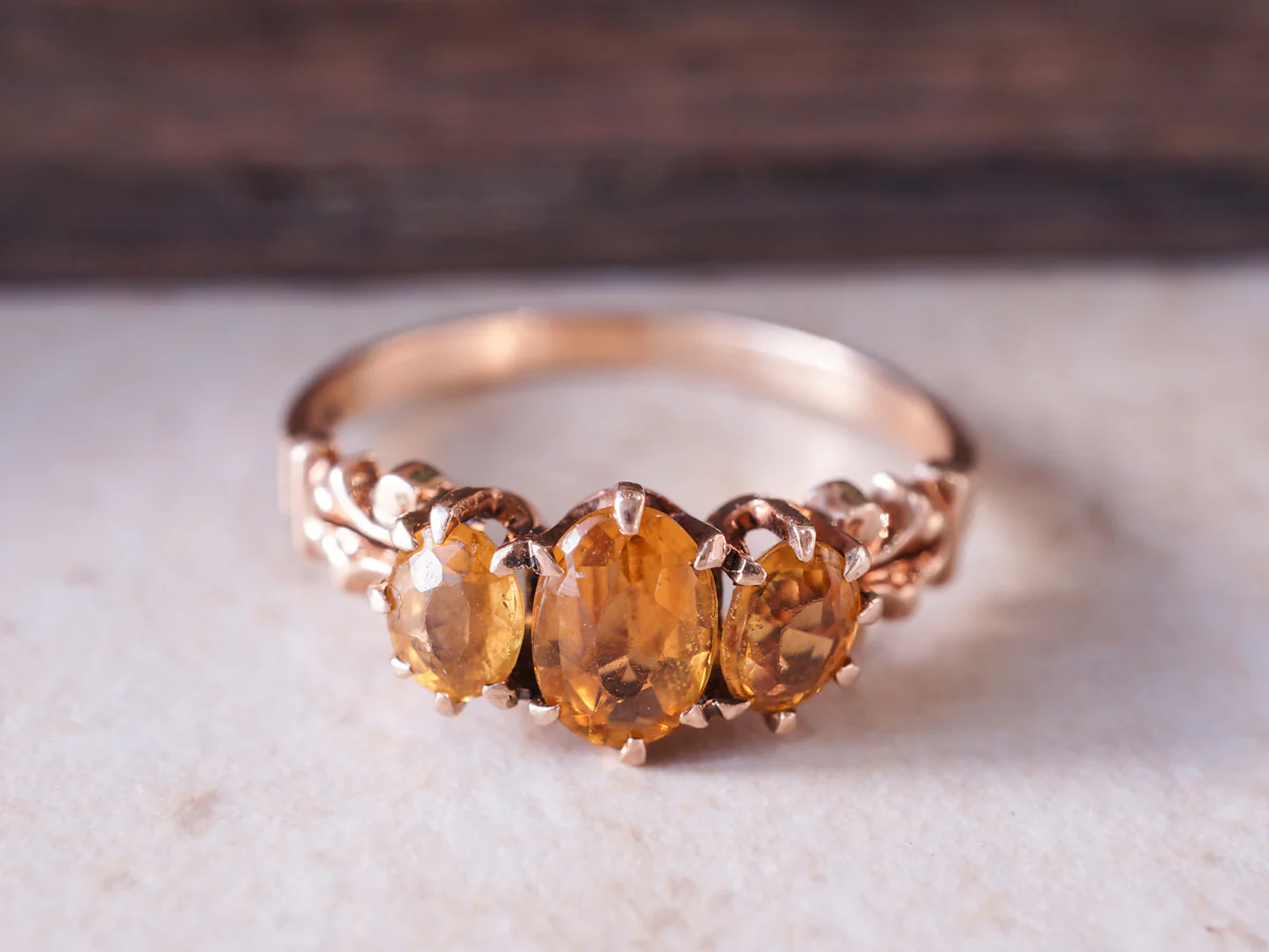 Victorian Three Stone Citrine Ring in 14k Yellow Gold - Image 6