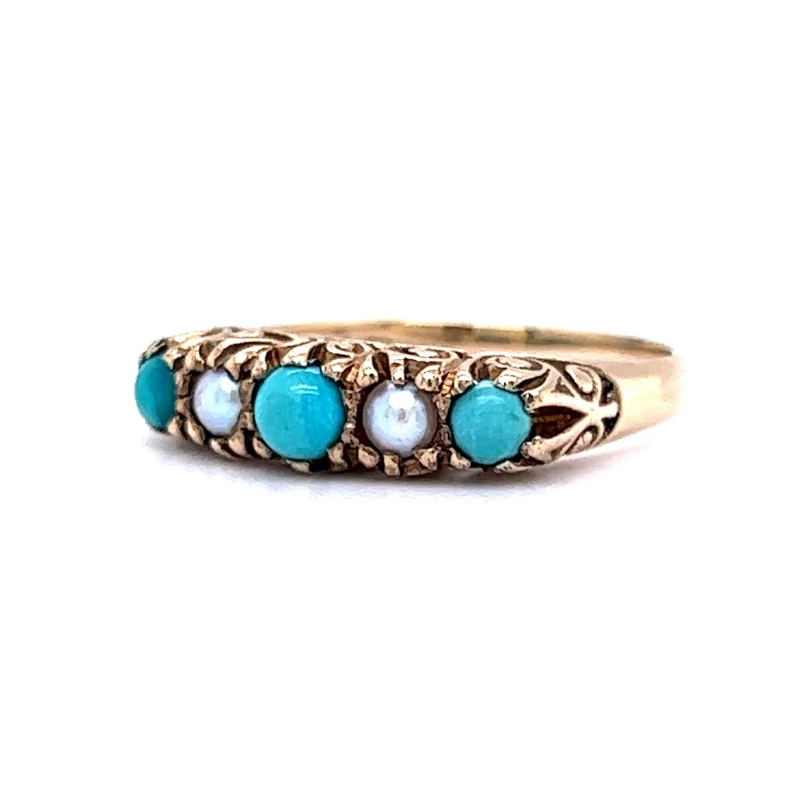 Victorian Turquoise and Pearl Ring in 9k Yellow Gold - Image 2