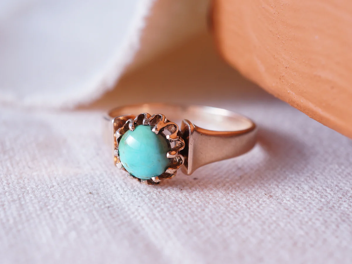 Victorian Turquoise Cocktail Ring in 14k Yellow Gold - Image 7