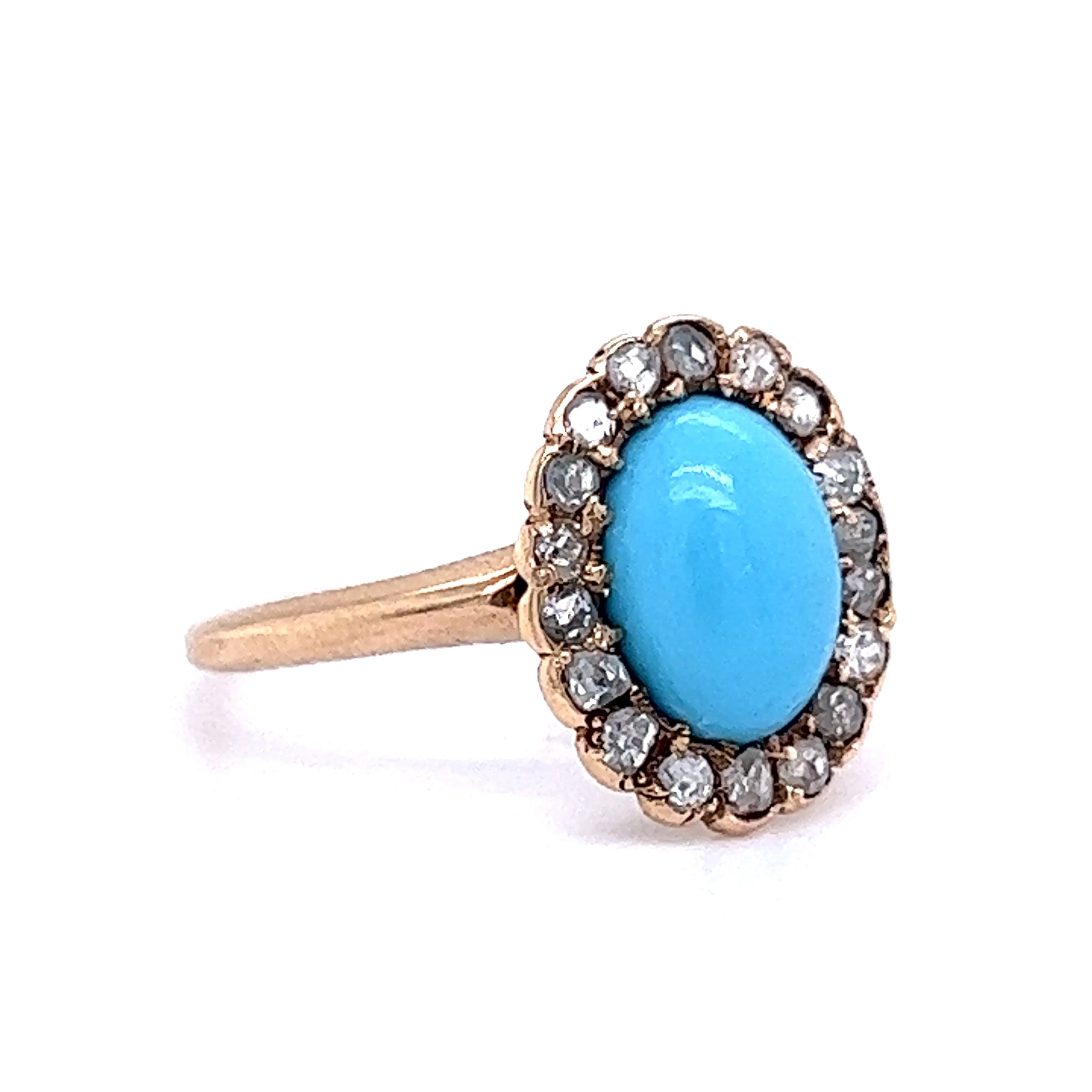 Victorian Turquoise & Diamond Halo Ring in 14k Yellow Gold - Image 3