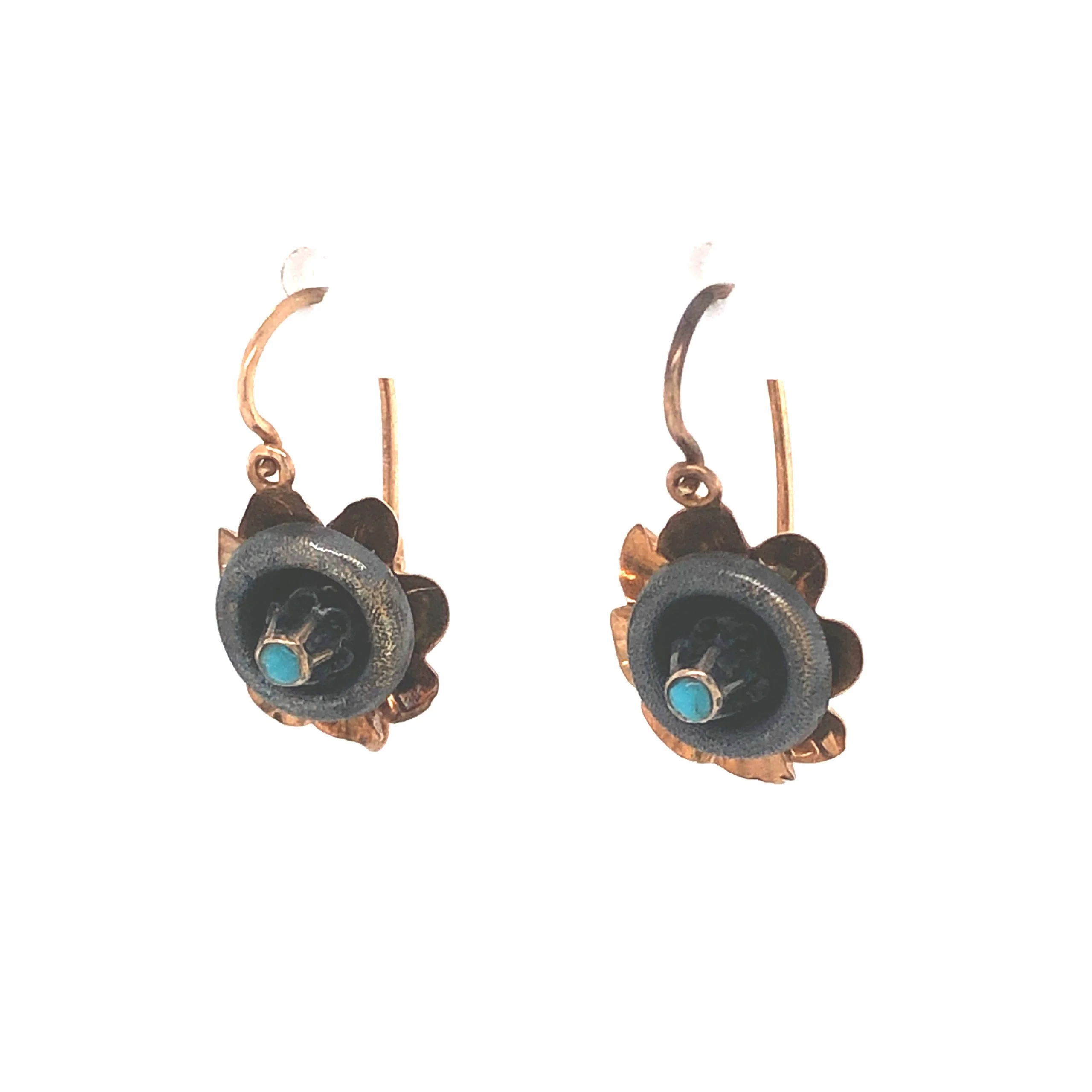Victorian Turquoise Drop Earrings in 14k Yellow Gold & Silver - Image 2