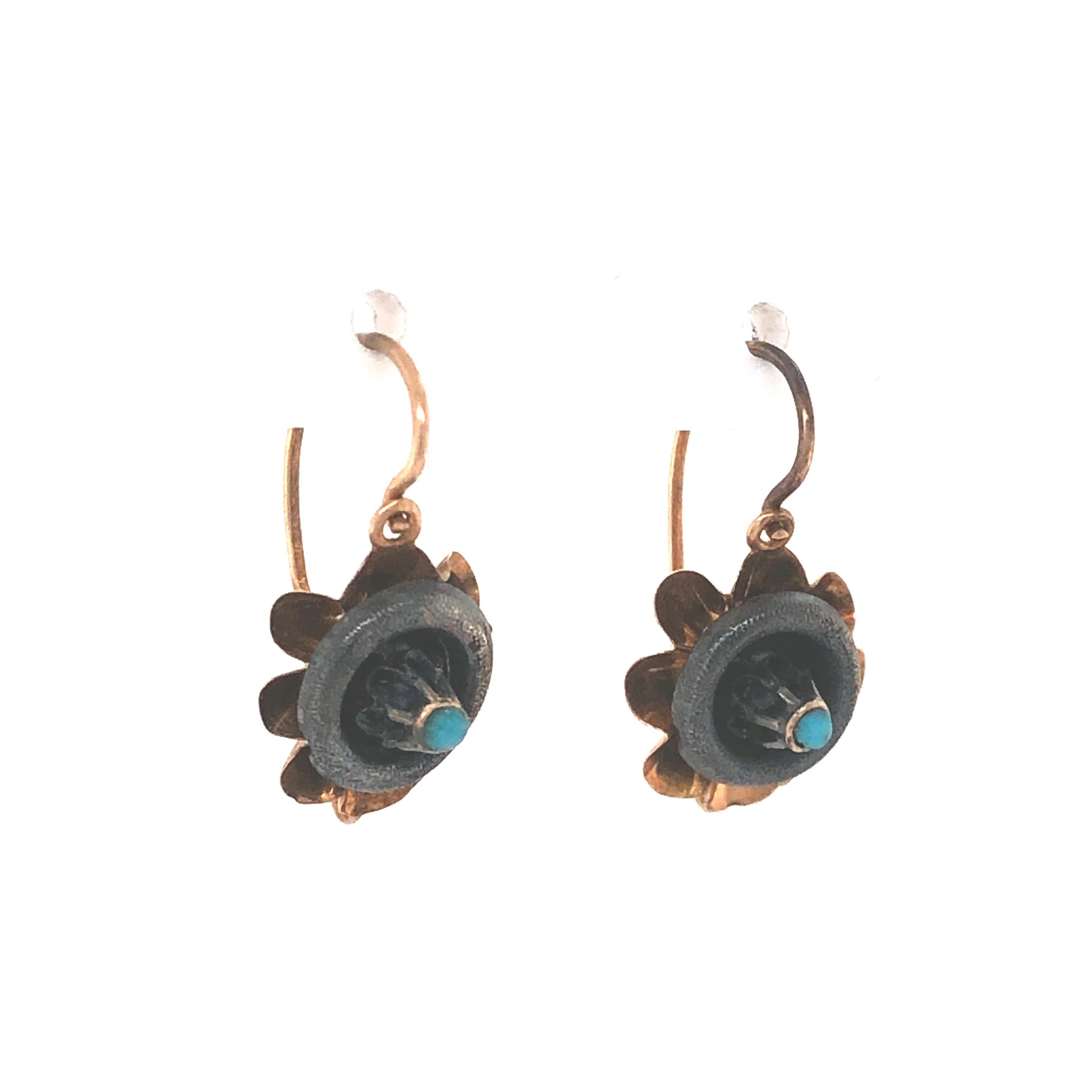 Victorian Turquoise Drop Earrings in 14k Yellow Gold & Silver - Image 3