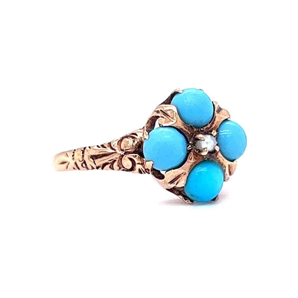 Victorian Turquoise & Pearl Cocktail Ring in 10k Gold - Image 3