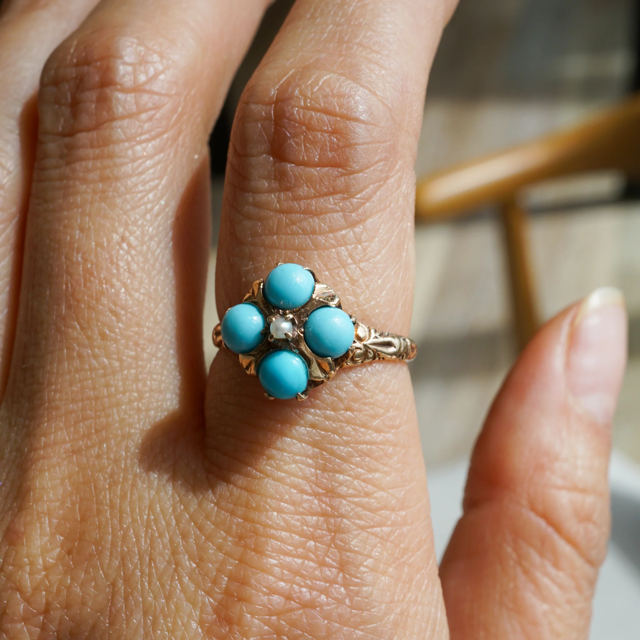Victorian Turquoise & Pearl Cocktail Ring in 10k Gold - Image 6