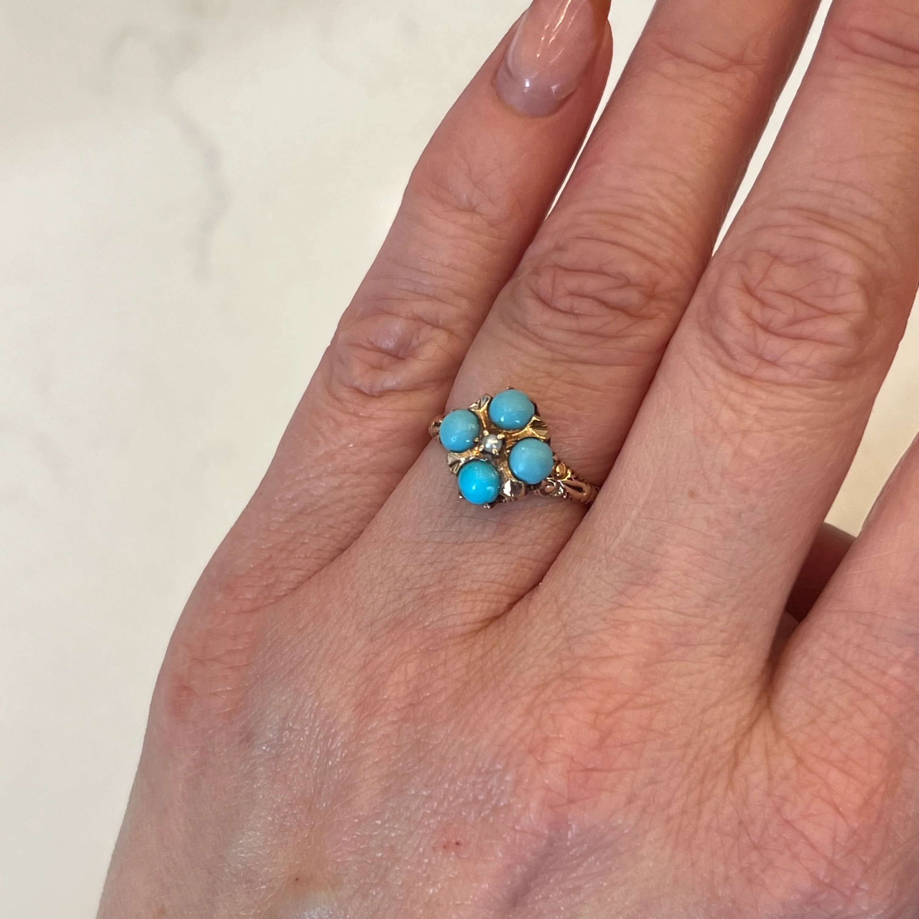 Victorian Turquoise & Pearl Cocktail Ring in 10k Gold - Image 7