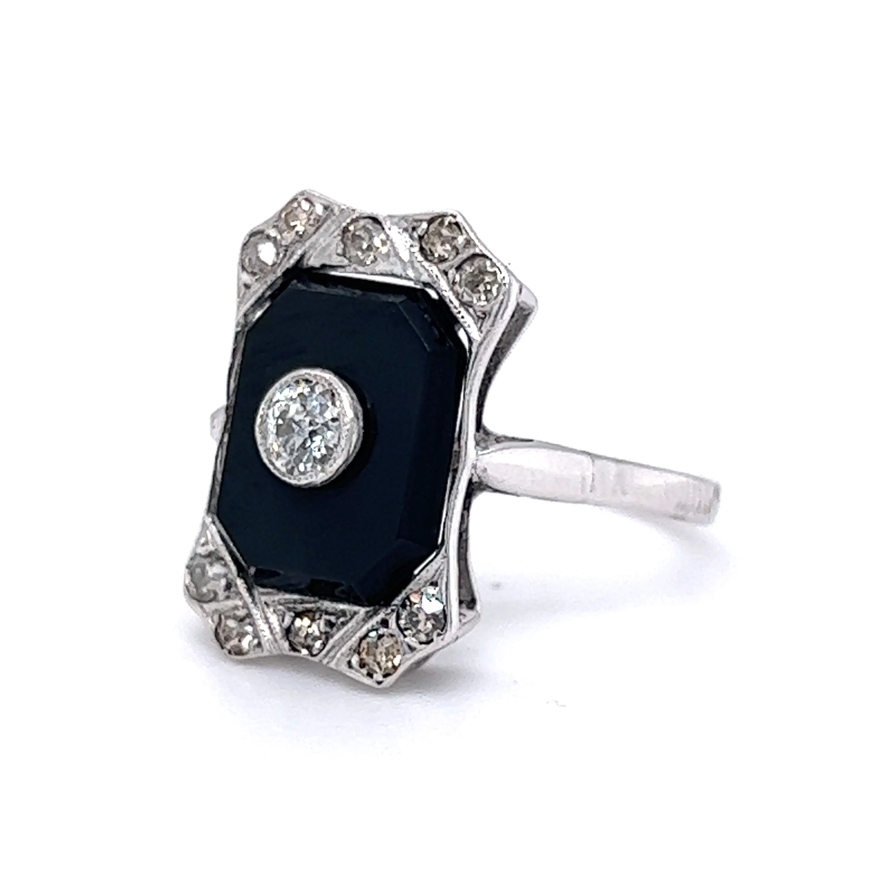 Vintage 1920's Onyx & Diamond Ring in 14k White Gold - Image 2