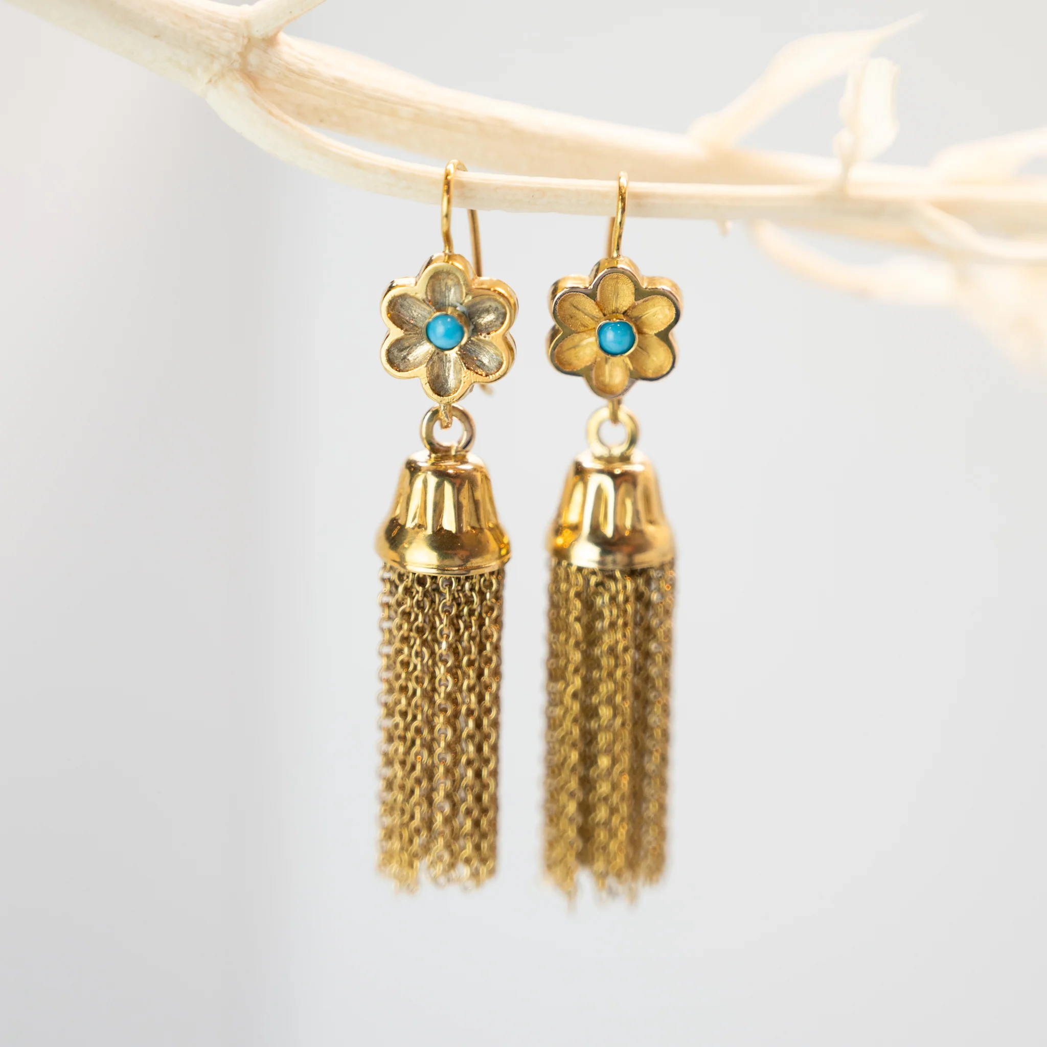Vintage 1950's Turquoise Tassel Earrings in 14k - Image 4