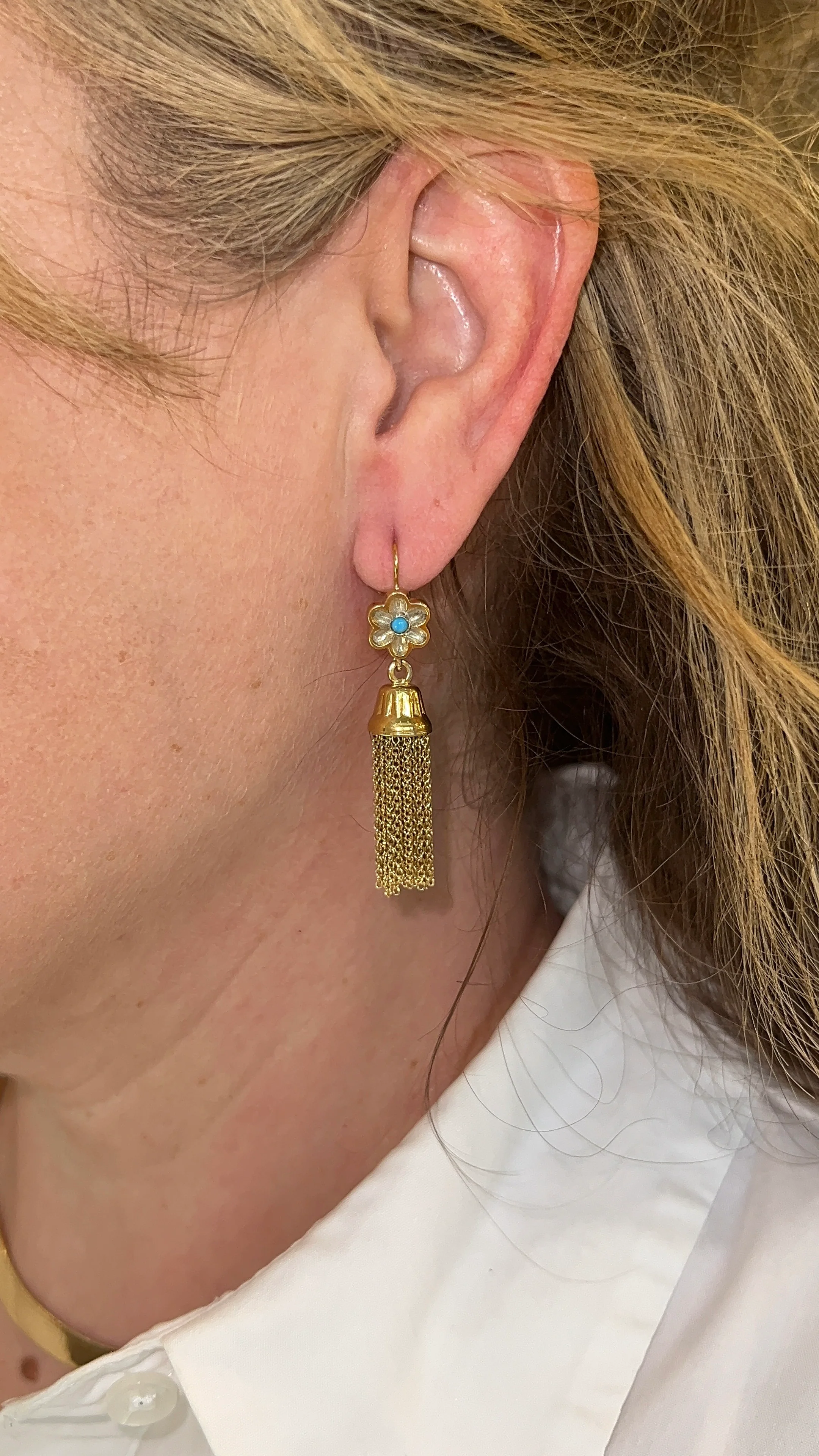 Vintage 1950's Turquoise Tassel Earrings in 14k - Image 5