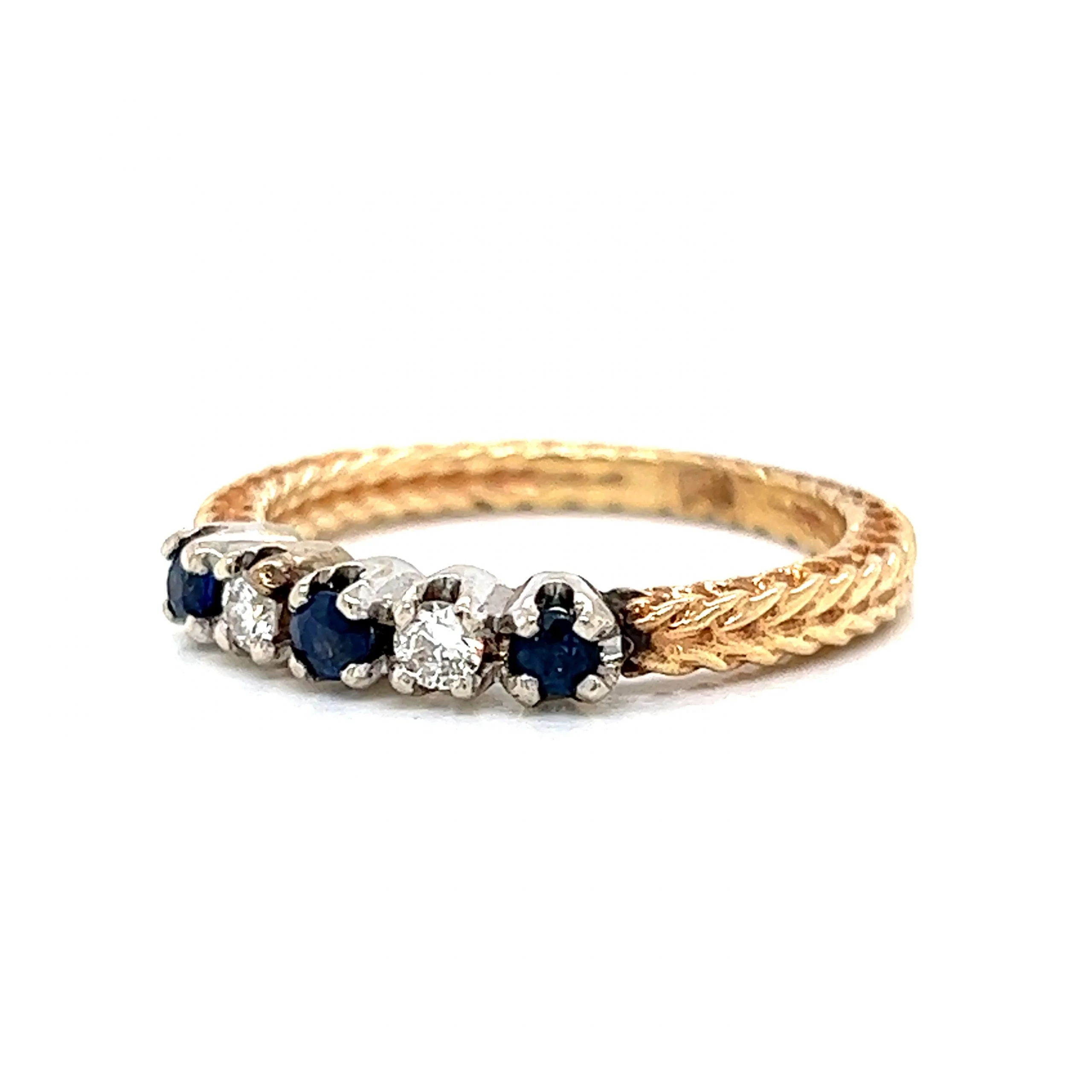 Vintage Alternating Diamond & Sapphire Ring in 14k Yellow Gold - Image 2