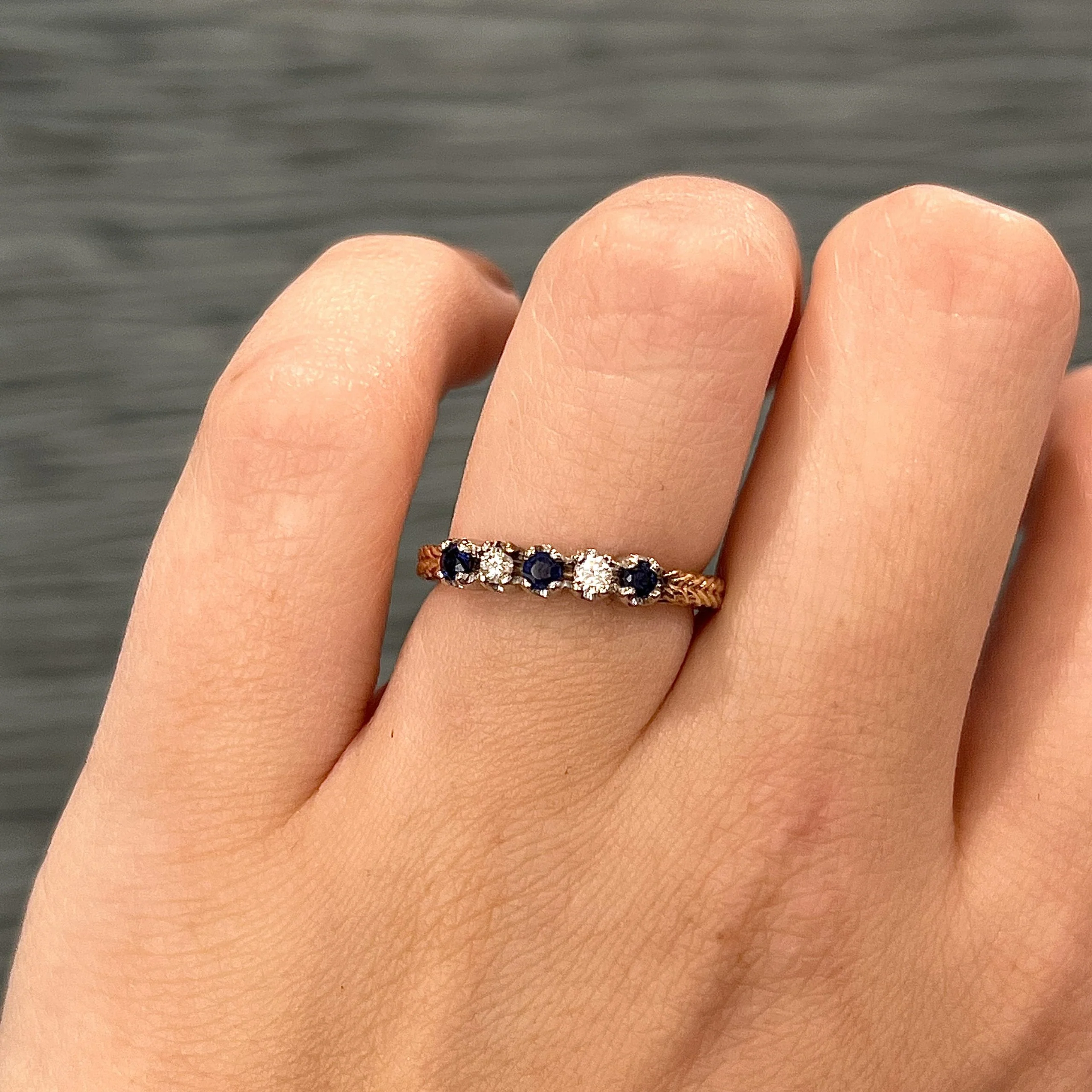 Vintage Alternating Diamond & Sapphire Ring in 14k Yellow Gold - Image 6