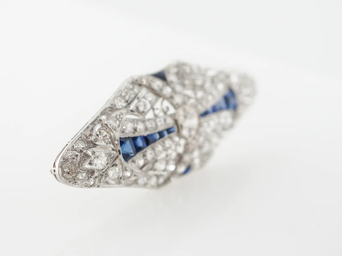 Vintage Art Deco Brooch w/ Sapphire & Diamonds - Image 2