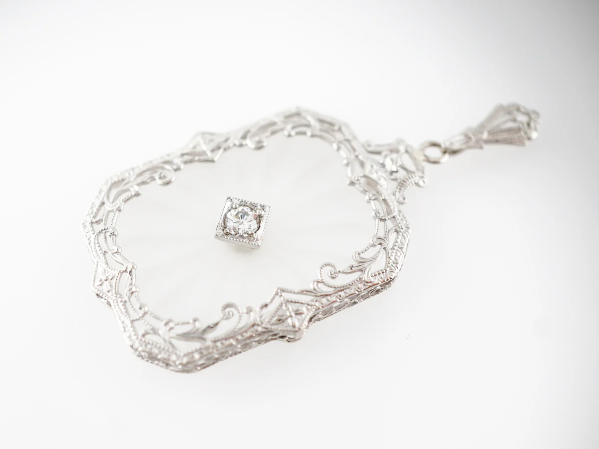 Vintage Art Deco Camphor Glass Pendant in 14k White Gold - Image 2